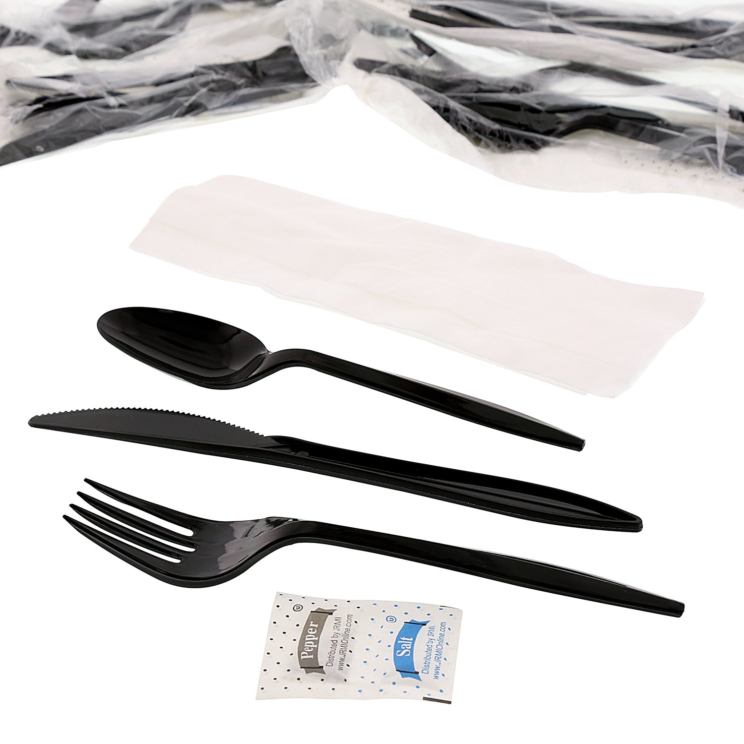 AmerCareRoyal 6-in-1 Disposable Silverware Medium Weight Plastic Utensil Set with Teaspoon – Medium, Black, Pack of 250, Model 6KP203B-C