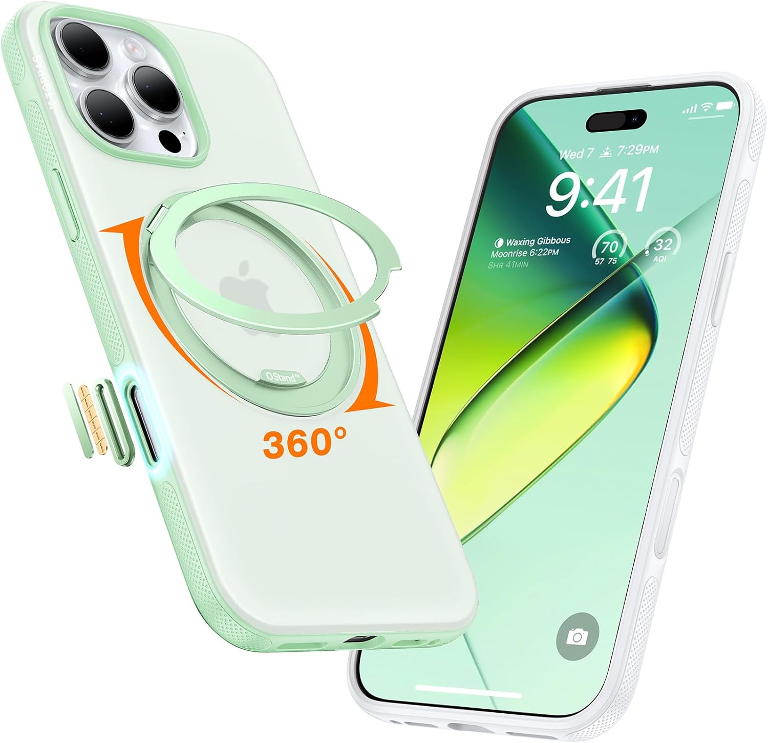 TORRAS 360 Magnetic Stand for iPhone 16 Pro Max Case[Fit for MagSafe][Camera Control Button][Mil-Grade Protection] Slim, Rotatable Kickstand, Translucent Mint Green 6.9, Ostand OFitness Series