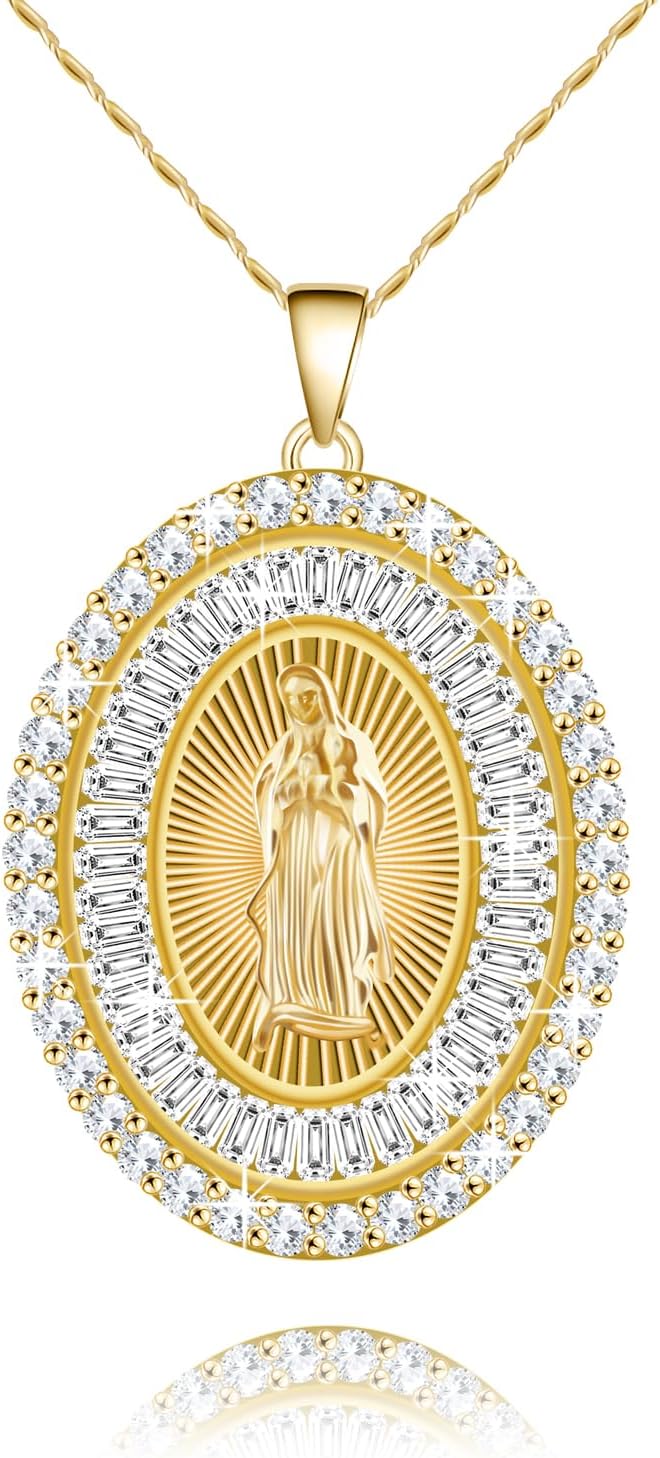 14K Gold PlatedCatholic Gift Virgin Mary Necklace for Women,Faith-Inspired Christian Catholic Saint Necklaces Cubic Zirconia Virgen de Guadalupe Charm Lady of Guadalupe Womens Jewelry Gift