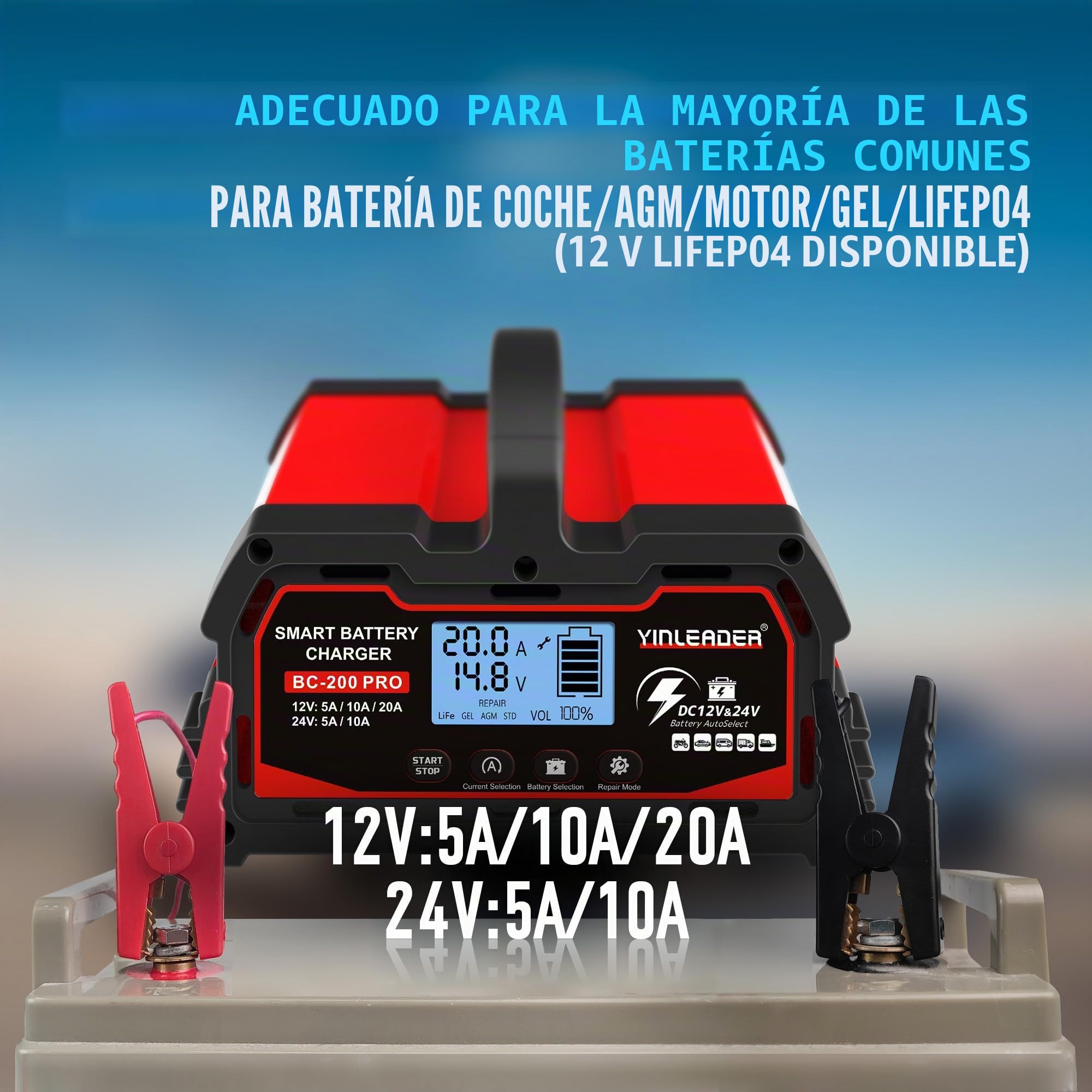 Yinleader Cargador de batería para automóvil 20A 12V/24V 10A batería para automóvil Cargador Inteligente con Pantalla LCD, para de 12V LiFePO4