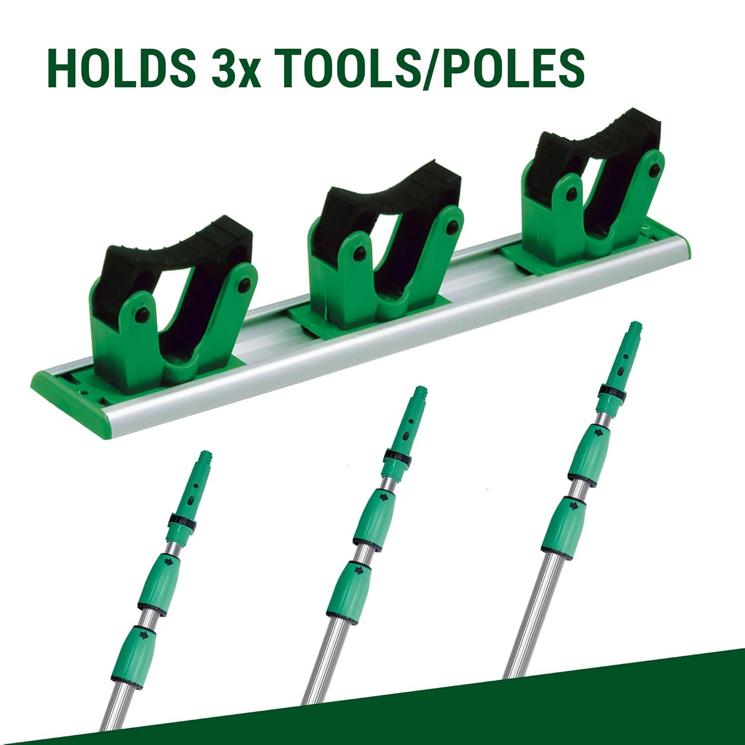 UNGER Hang Up Tool Storage Organiser & Pole Holder Wall Mounted Rack 35cm - Holds 3 Tools - Snap in/Out Rubber Grip Claws - Easy Access, Secure Hold