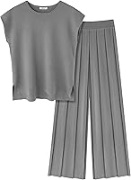 Ekouaer Women's 2-Piece Knit Lounge Set: Cap Sleeve Top & Pleated Wide Leg Pants - Soft Stretchy Vacation Outfits