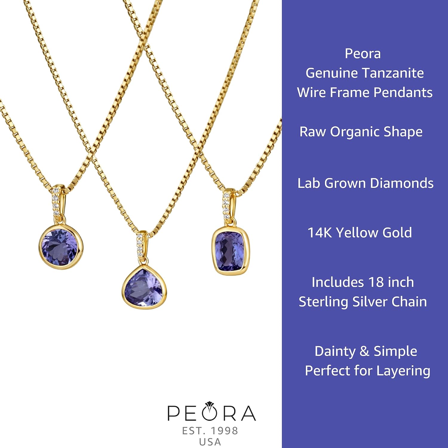 PEORA 1.50 Carats Natural Tanzanite and Lab Grown Diamond Pendant in 14K Yellow Gold, Organic Cushion Cut, Real Tanzanite Gold Necklace, Gift Idea Set, w/Jewelry Box