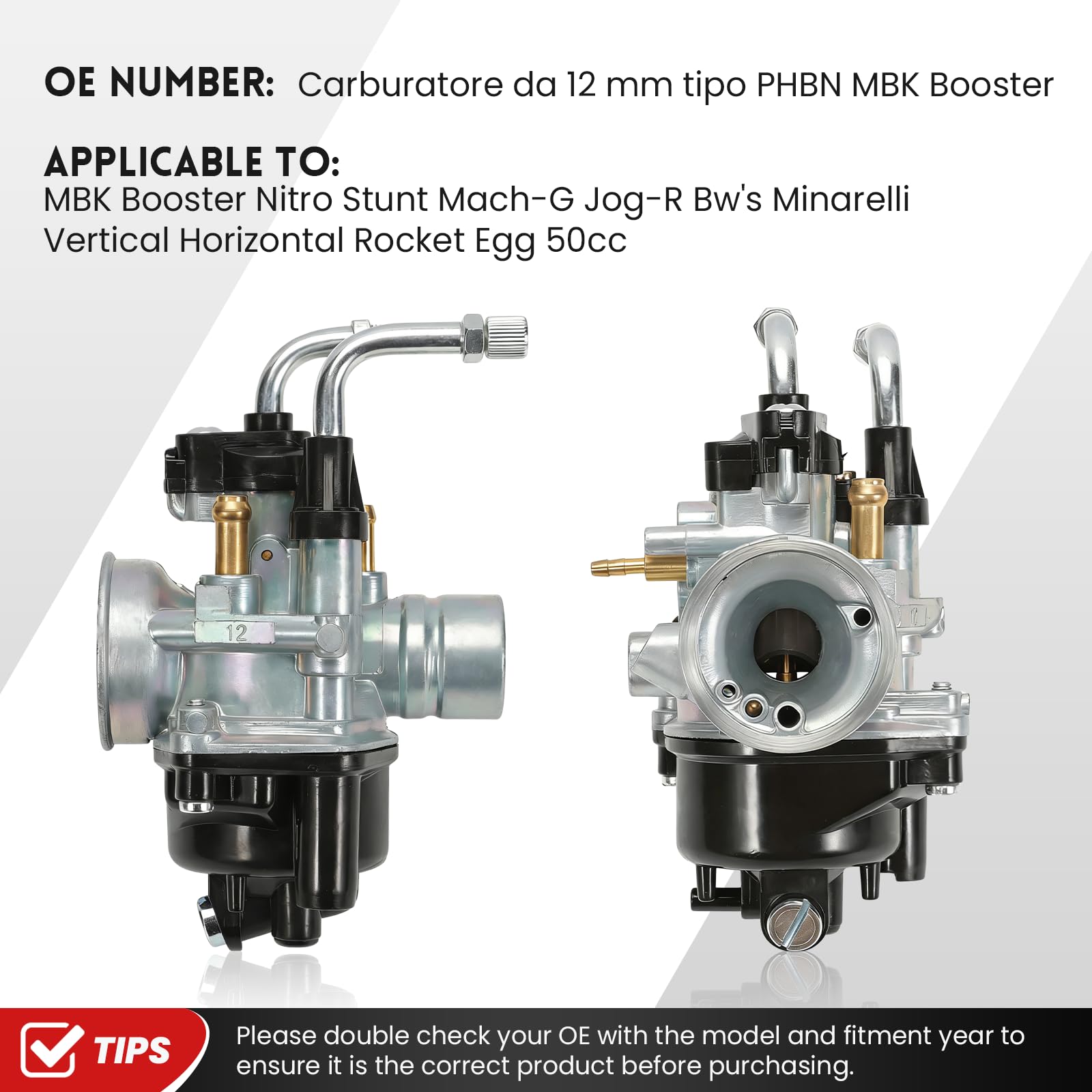 Carburateur PHBN 12 mm pour MBK Booster Nitro Stunt Mach-G Jog-R Bw's Rocket Aerox Ovetto AM6 Derbi TZR XP6 Rieju Beta Pour Minarelli vertical horizontal Carbu Scooter 50cc de moto