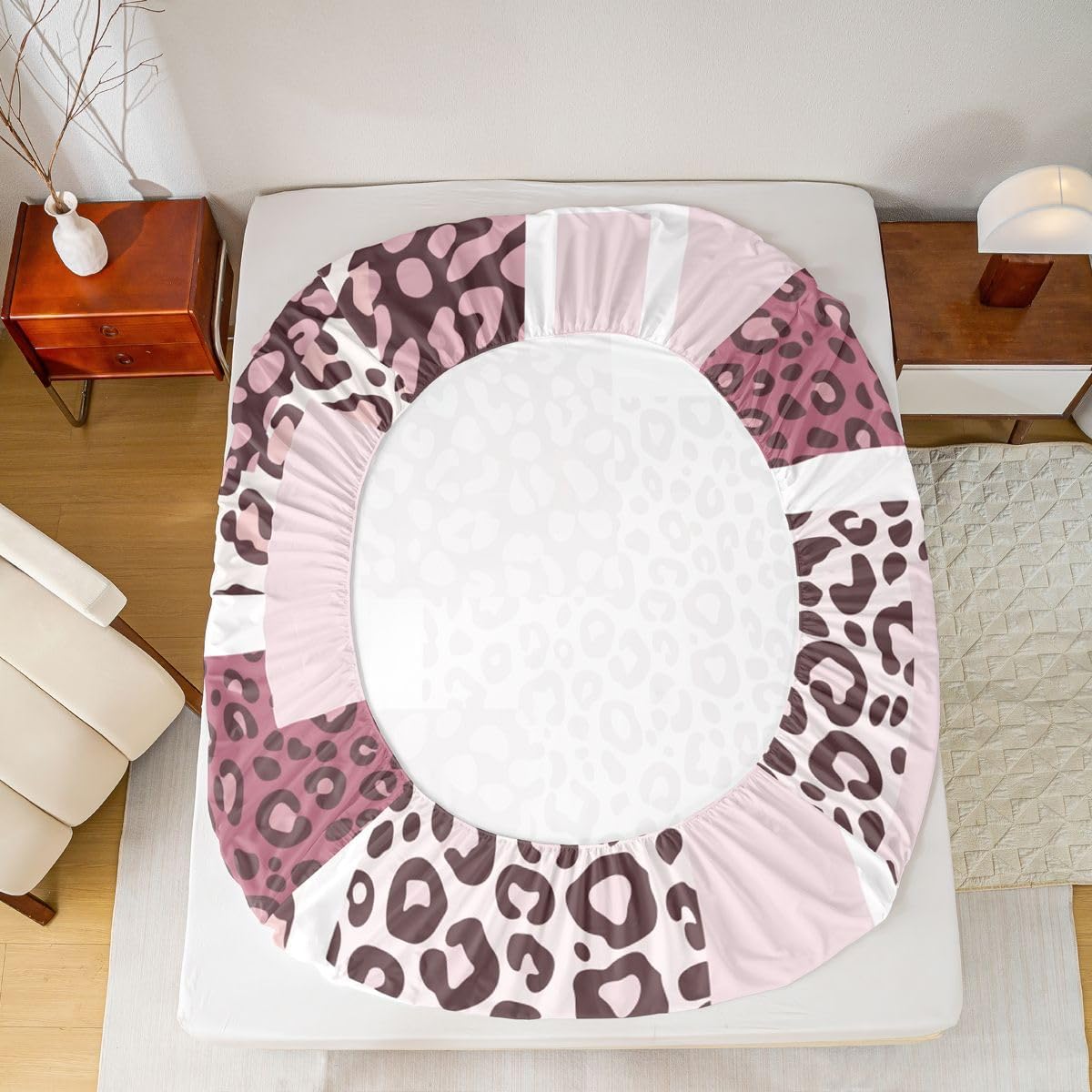 jejeloiu Light Pink Leopard Bed Sheets Set Queen Size Cheetah Bed Set for Kids Boys Girls Geometric Deep Pocket Fitted Sheet Patchwork Breathable Soft Lightweight Microfiber
