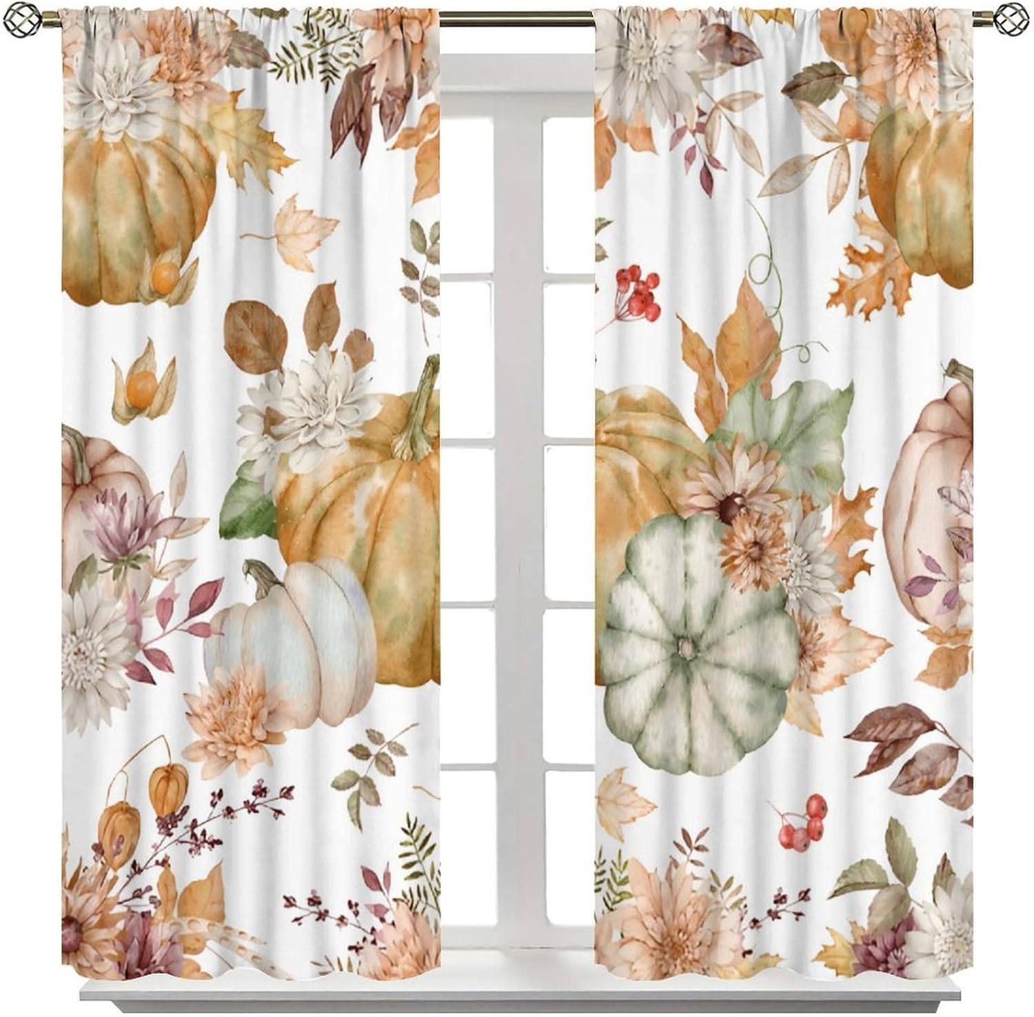 Fall Pumpkin Curtains, Autumn Watercolor Floral Leaves Flowers Thanksgiving Holiday Harvest Blackout Window Curtains for Kitchen Bedroom Livingroom Cafe, 42" W X 45" L
