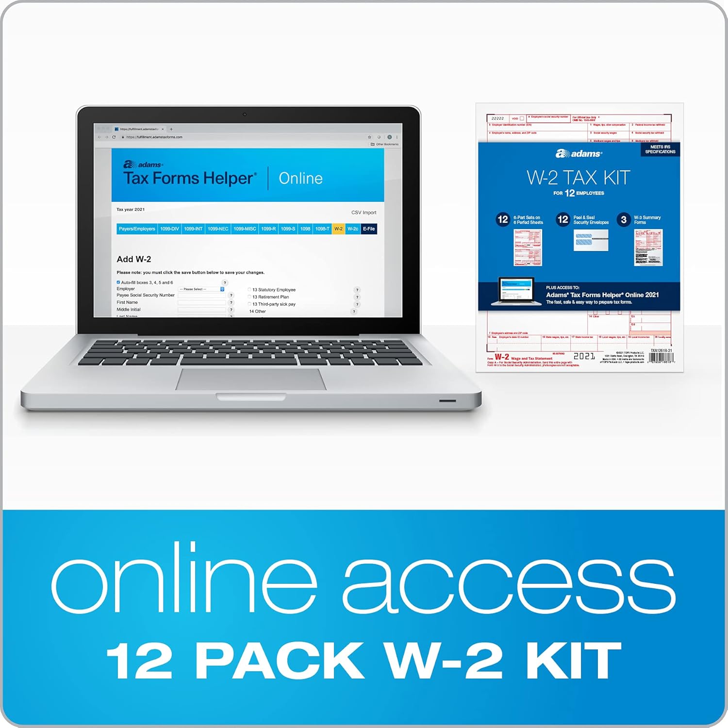 Adams W2 Forms 2022, Tax Kit for 12 Employees, 6 Part Laser W2 Forms, 3 W3, Self Seal W2 Envelopes & Adams Tax Forms Helper Online (TXA126W-22) : Office Products