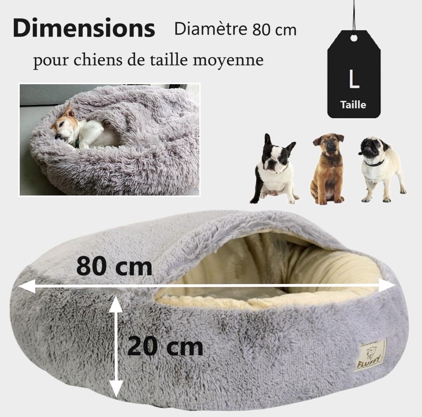 KING DOG Lit apaisant d’intérieur en Peluche Moelleuse, Lavable, Calme l’anxiété, pour Chiens de Petite et Moyenne Taille de Moins de 10 kg, Doux et Chaud, L 80 cm, Gris