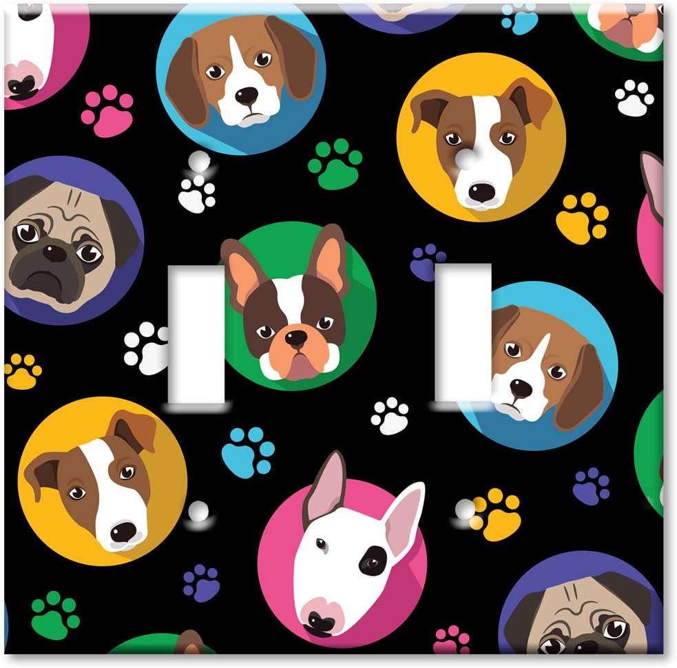 Art Plates - Double Gang Toggle OVERSIZE Switch Plate - OVER SIZE Decorative Metal Wall Plate - Dog Heads - (Made in USA)