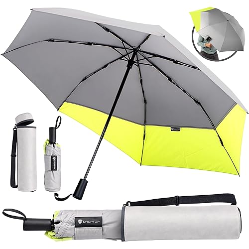 DROPTOP Windproof Travel Umbrella + Leakproof Carry Bag + Crossbody Strap for Hands-Free Carry