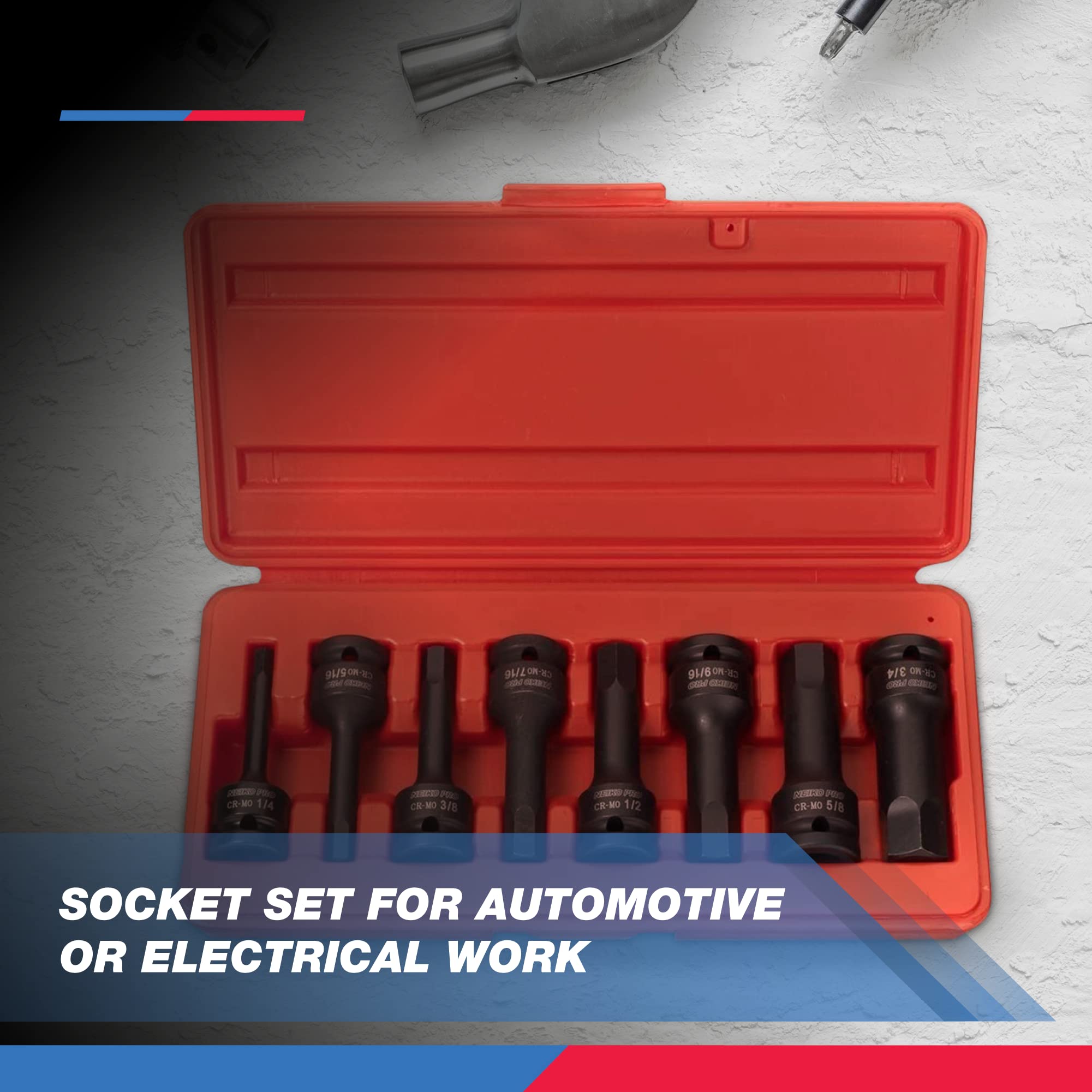 NEIKO 01137B 1/2-Inch-Drive Allen Socket Set, 3-Inch Length, 1/2-Inch Impact Hex-Bit Socket Set, SAE Hex Driver 1/4" to 3/4", CrMo Steel, Impact-Grade, 8-Piece Set