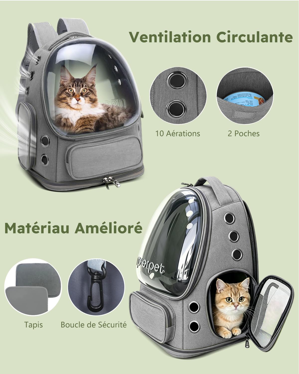 PETCUTE Sac à Dos Chat Chien, Sac Transport Chat Chien Respirant pour Petits Chats et Chiens Chiot, Sac à Dos à Bulle pour Animal Domestique avec Tapis Amovible,Sangle de Sécurité Interne,pour Voyage