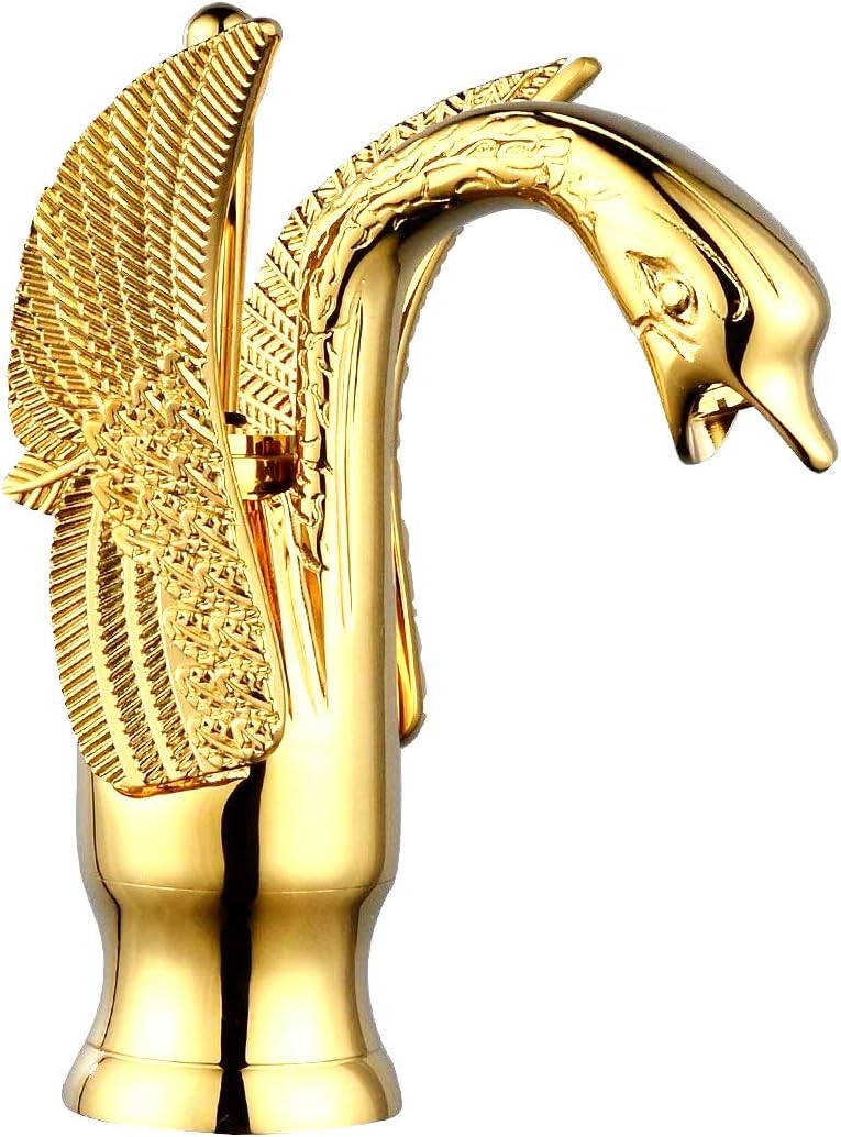 TuqiuFaucet Bathroom Single Lever Deck Mounted Solid Brass Bathroom Sink Faucet with Swan Shape, Gold