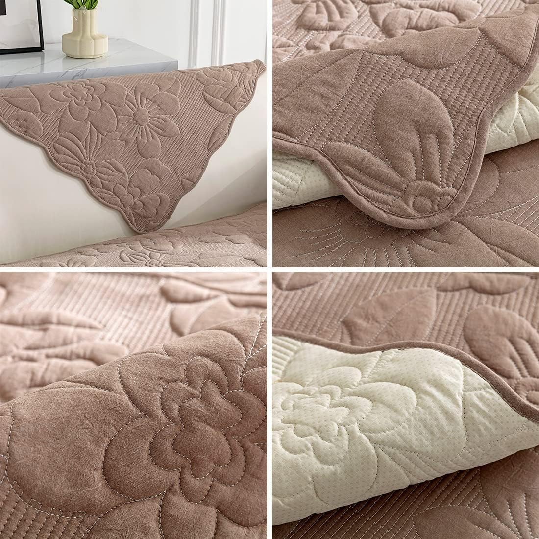 Vintage Floral Embroidery Sofa Couch Cover Soft Cotton Quilted Sectional Couch Cover Solid Non Slip Sofa Slipcover Furniture Protector For Living Room ( Color : Coffee , Size : 70*70cm/28*28in )
