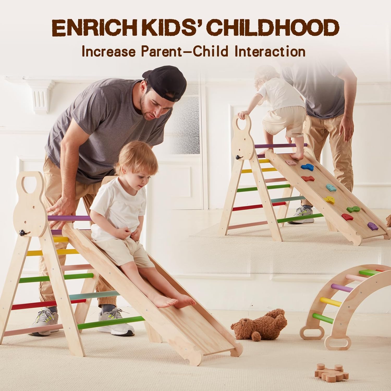 LVHERO Upgraded Large Pikler Triangle Set, 7 in 1 Foldable Toddler Climbing Toys Indoor, Montessori Climbing Set, Wooden Climber Indoor Jungle Gyms for Toddlers with Ramp, Arch and Ladder- Rainbow