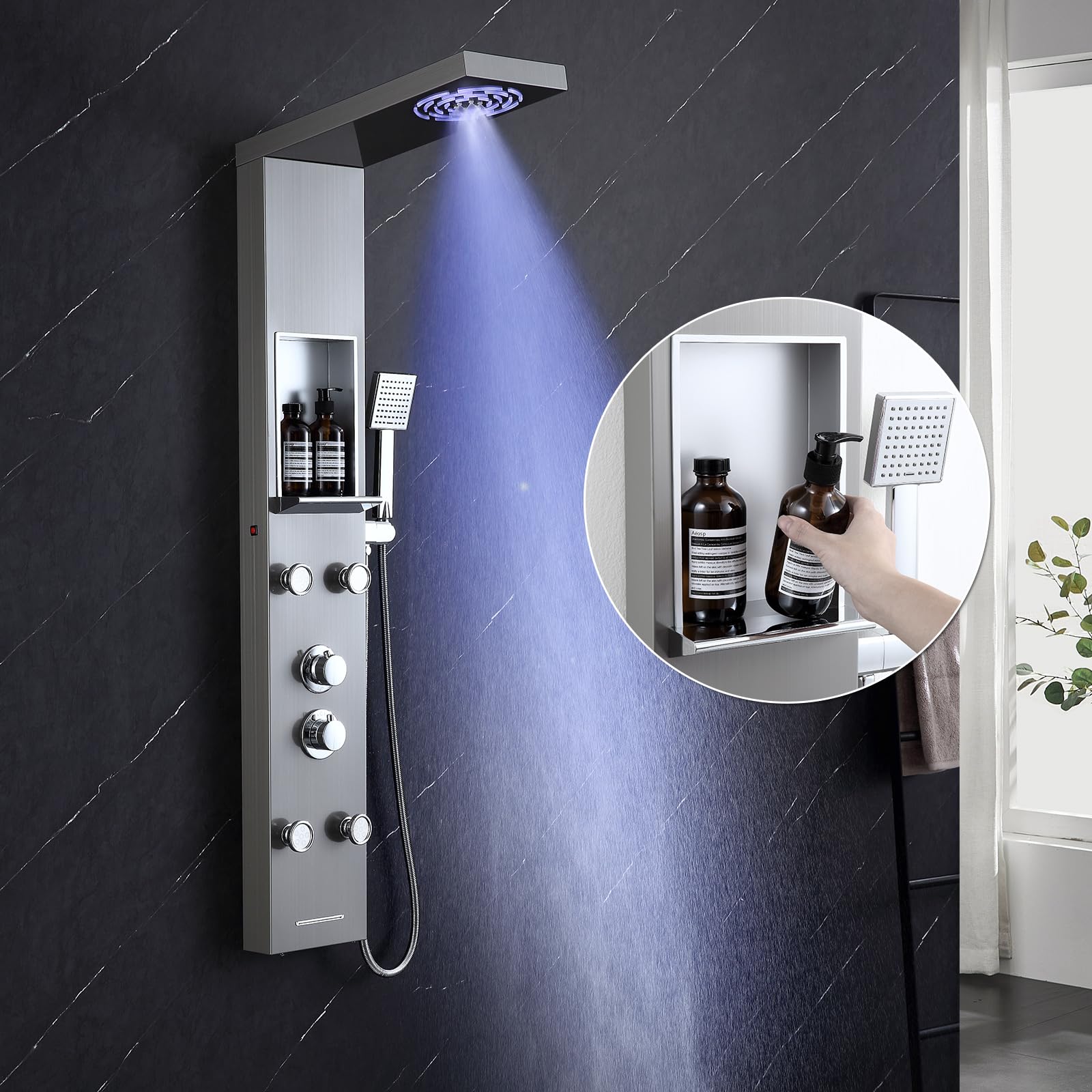 KINKIBOS Tower Shower Panel with Mixer and Shelf, 5-Mode Shower Column LED Rain & Mist Shower, 4 Wide Angle Adjustable Massage Jets, Handset and Waterfall Bath Spout, Brushed Stainless Steel