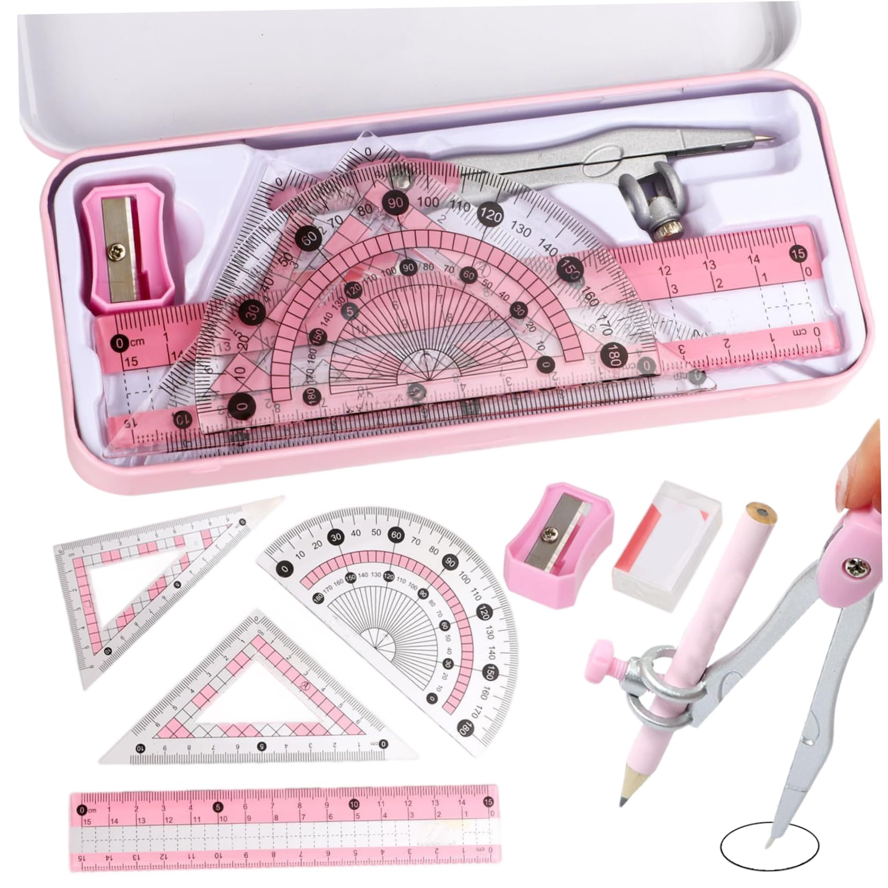 8Pcs/Set Compass Geometry Tool, Practical Protractor and Compass Set with Protractor, Rulers, and More, Drafting Kit with Metal Box for Classroom Math Tools..
