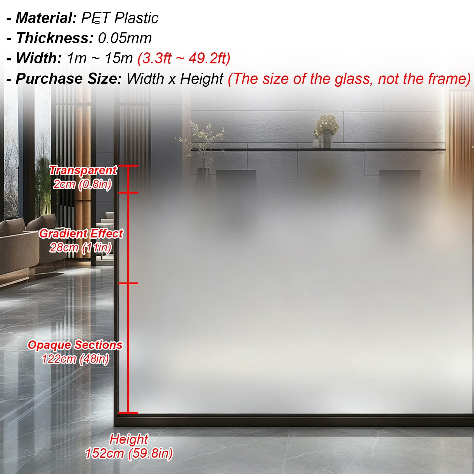 Vinilo Ventana Privacidad Lámina Adhesiva Esmerilada para Ventanas | Unidireccional Adhesivo de Privacidad con Degradado para Oficinas, Lámina Adhesiva Removible para Vidrio, 152 cm de Alto