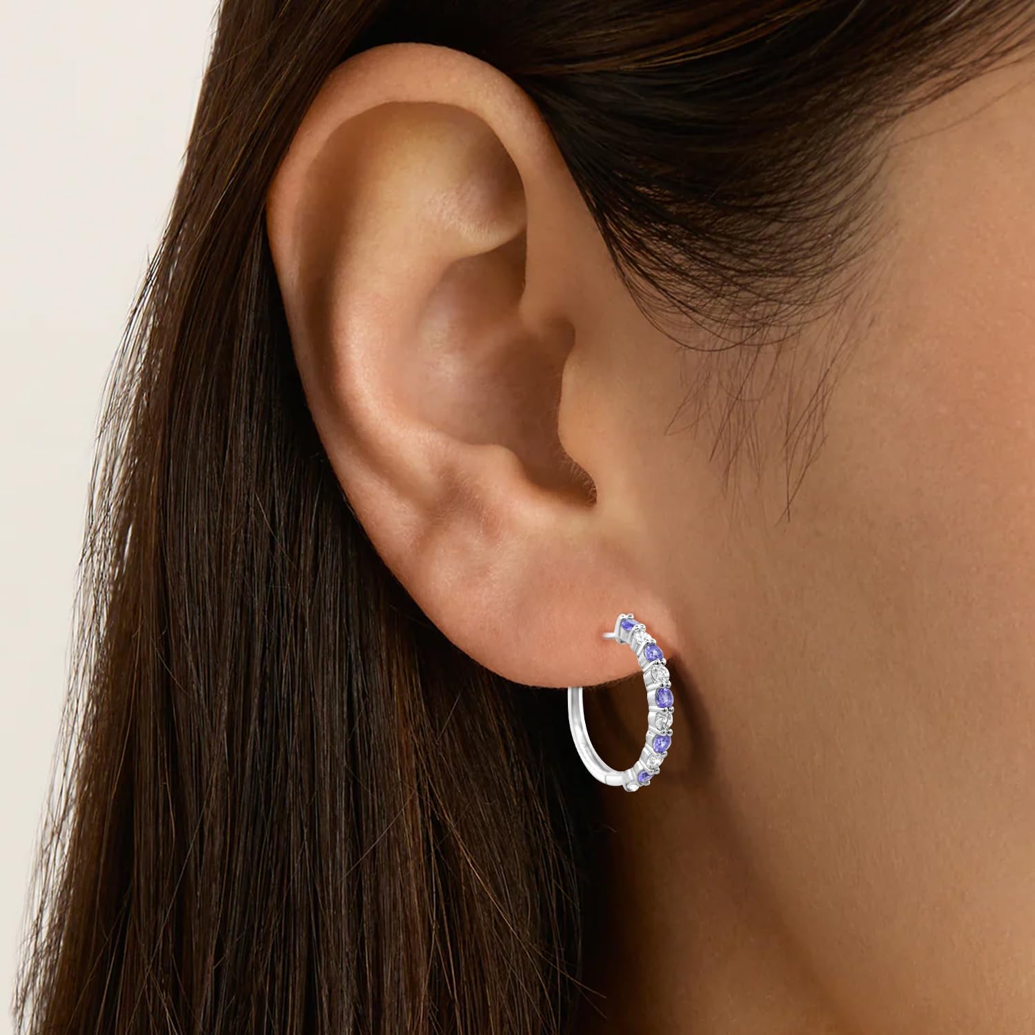 Diamond2Deal 925 Sterling Silver Gemstone and Created White Sapphire Hoop Earrings