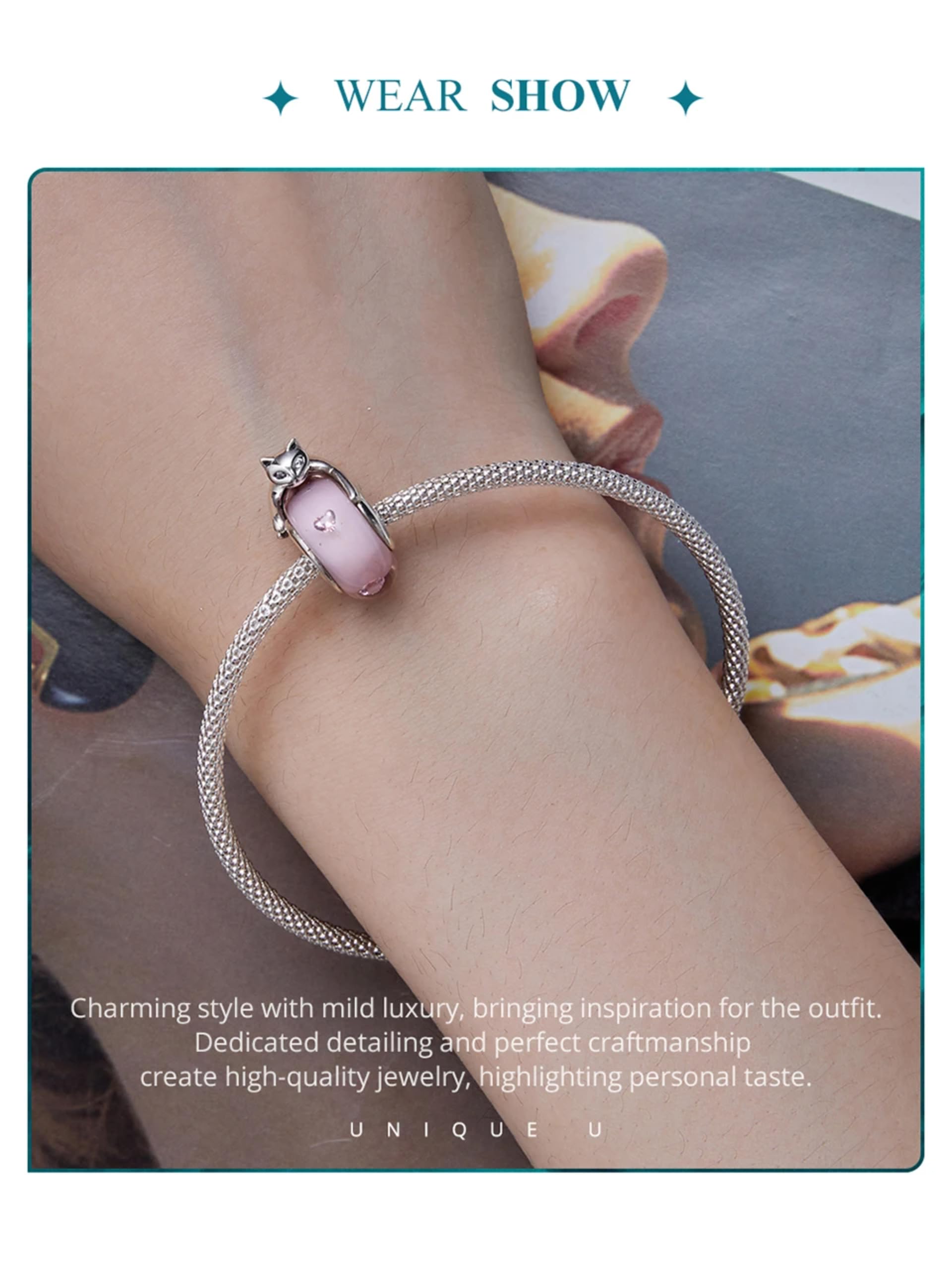 Bracciale Originale In Argento Sterling 925 Con Perline Di Vetro Rosa E Ciondolo A Forma Di Gatto In Argento Con Zirconi Cubici, Per Donna, Gioielleria Raffinata