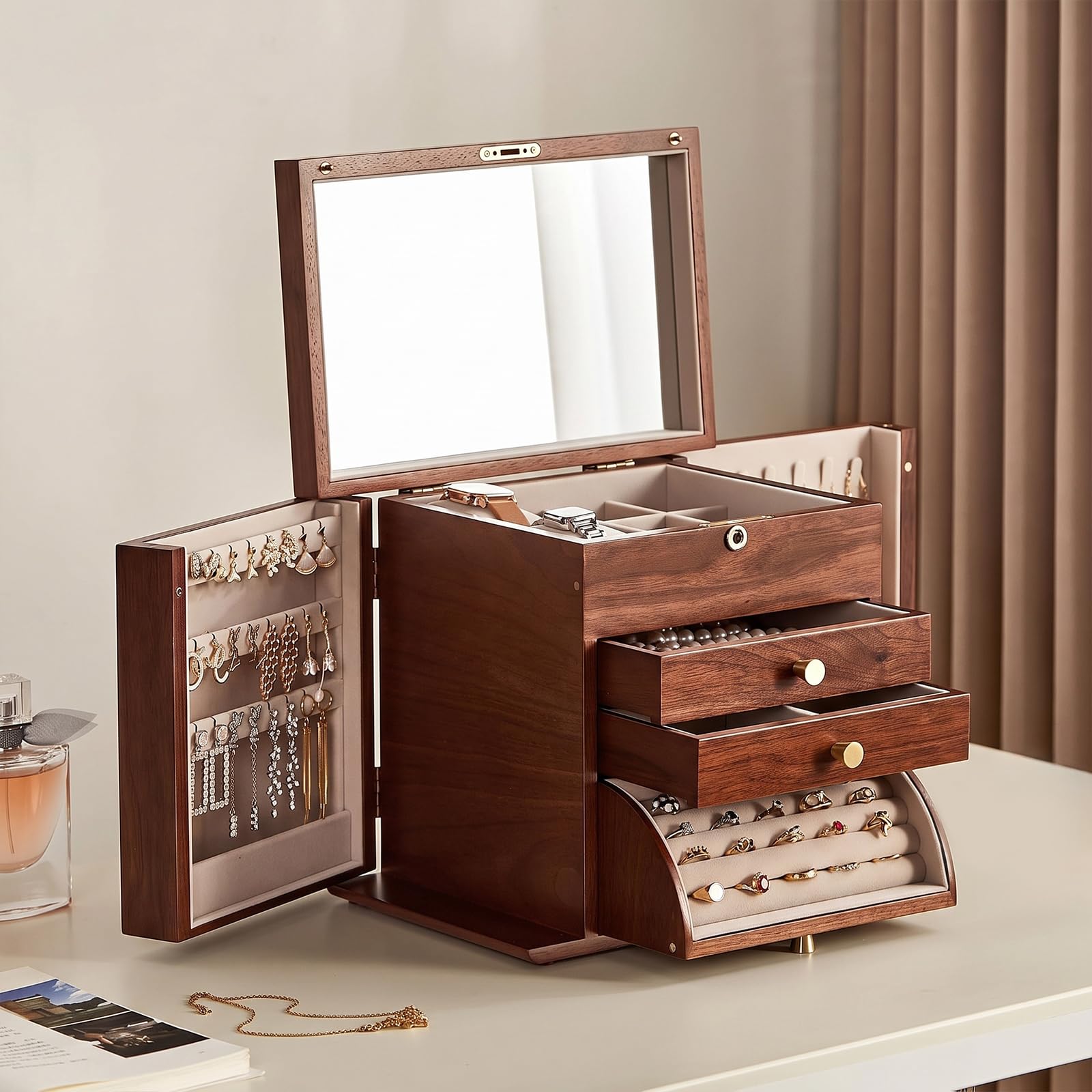 Black Walnut Wooden Jewelry Box for Women, 4 Layer