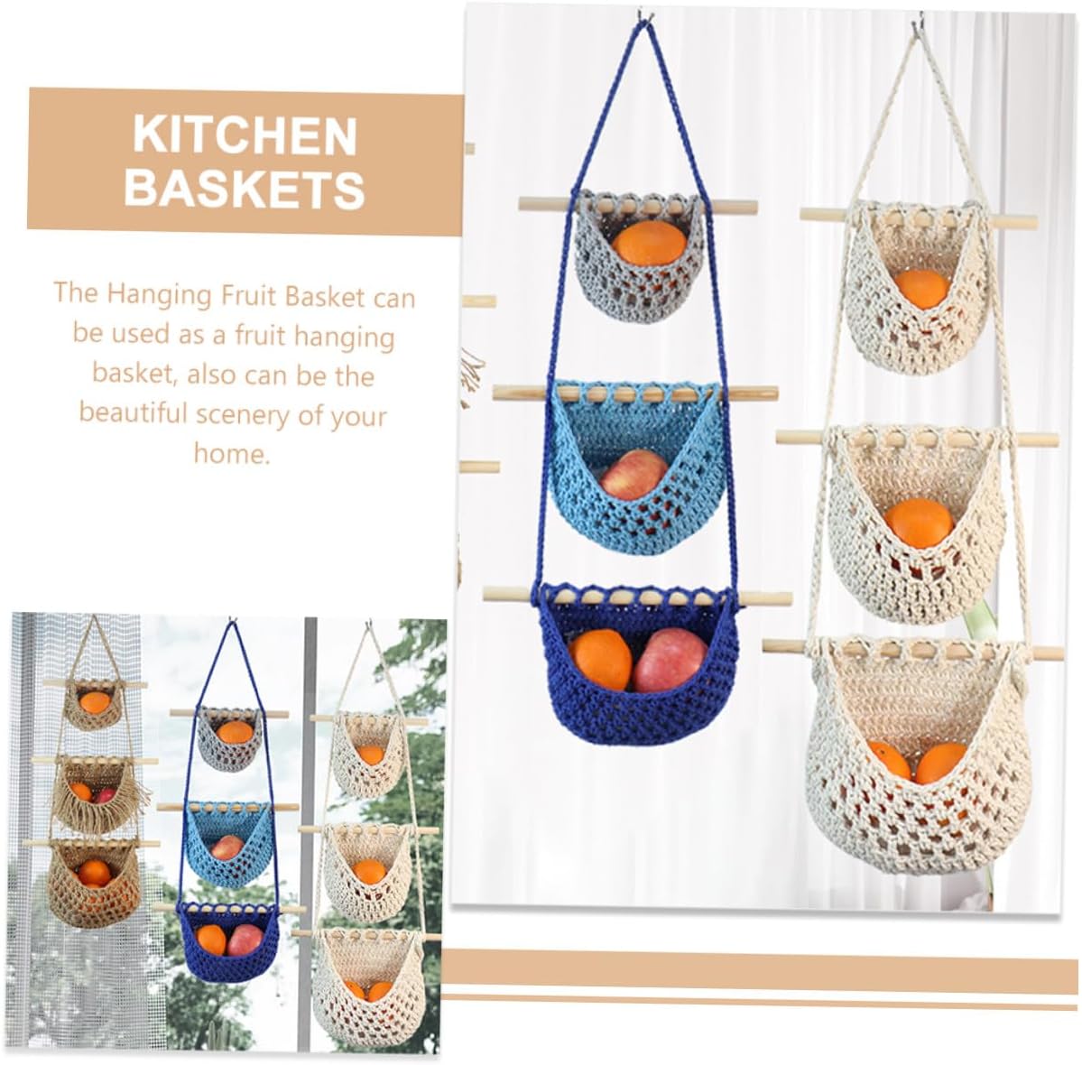 Hanging Fruit Basket Kitchen Organizer Woven Cotton Rope Storage for Fruits Vegetables Space-saving Wall-mounted Basket Rack Gift for Housewarming Thanksgiving Christmas