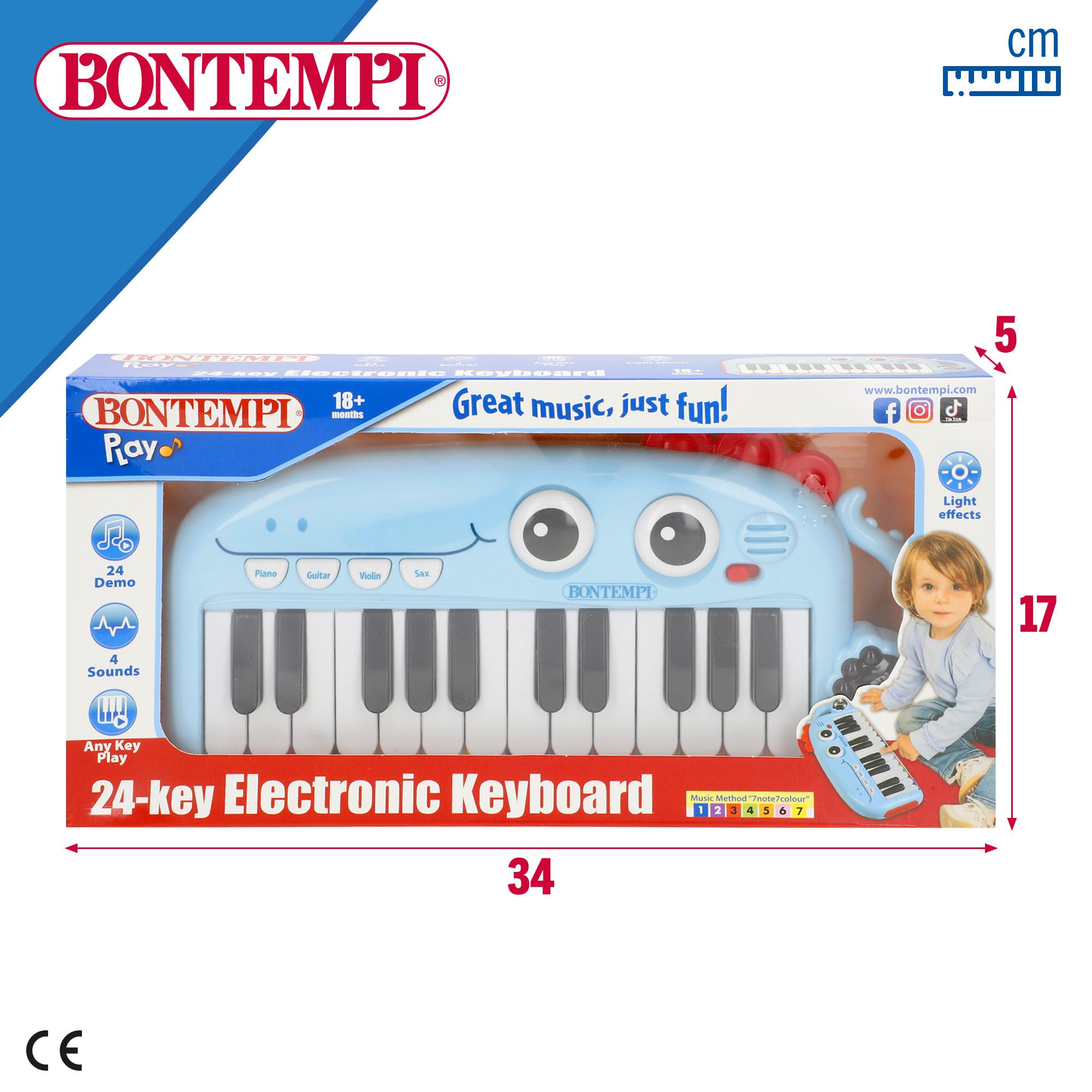 ColorBaby Bontempi Piano Infantil electrónico 24 Teclas con Luces, Sonidos, Melodías, Botones y diseño Seguro con Carita Sonriente, para iniciar a los más pequeños en la música Desde 18 Meses (39213)