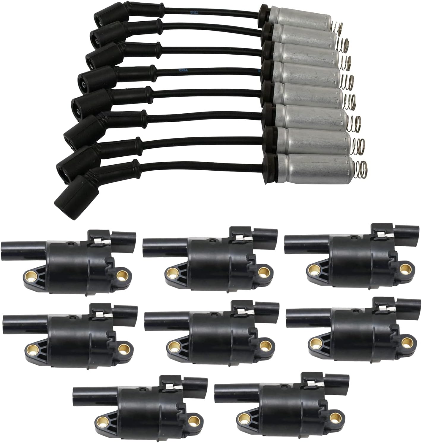 TRQ Ignition Kit Ignition Coil Spark Plug Wire Set 9 Piece Compatible with 14-21 Chevrolet Silverado 1500 V8 5.3L 6.2L 14-21 GMC Sierra 1500 V8 5.3L 6.2L ROUND STYLE COIL ONLY