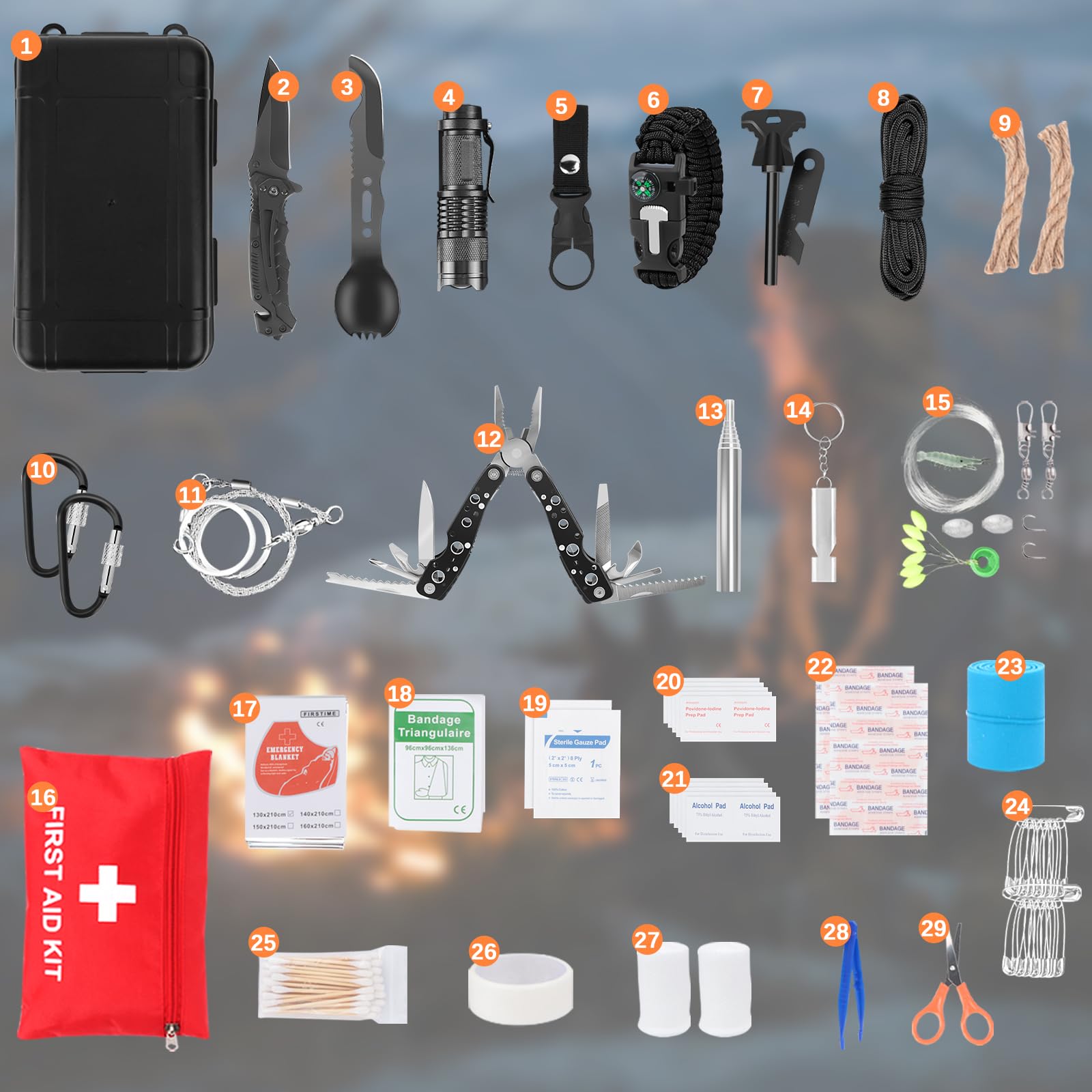 Kit de Supervivencia de Emergencia al Aire Libre, Equipo de Supervivencia para Hombres Camping/Aventuras/Senderismo al Aire Libre
