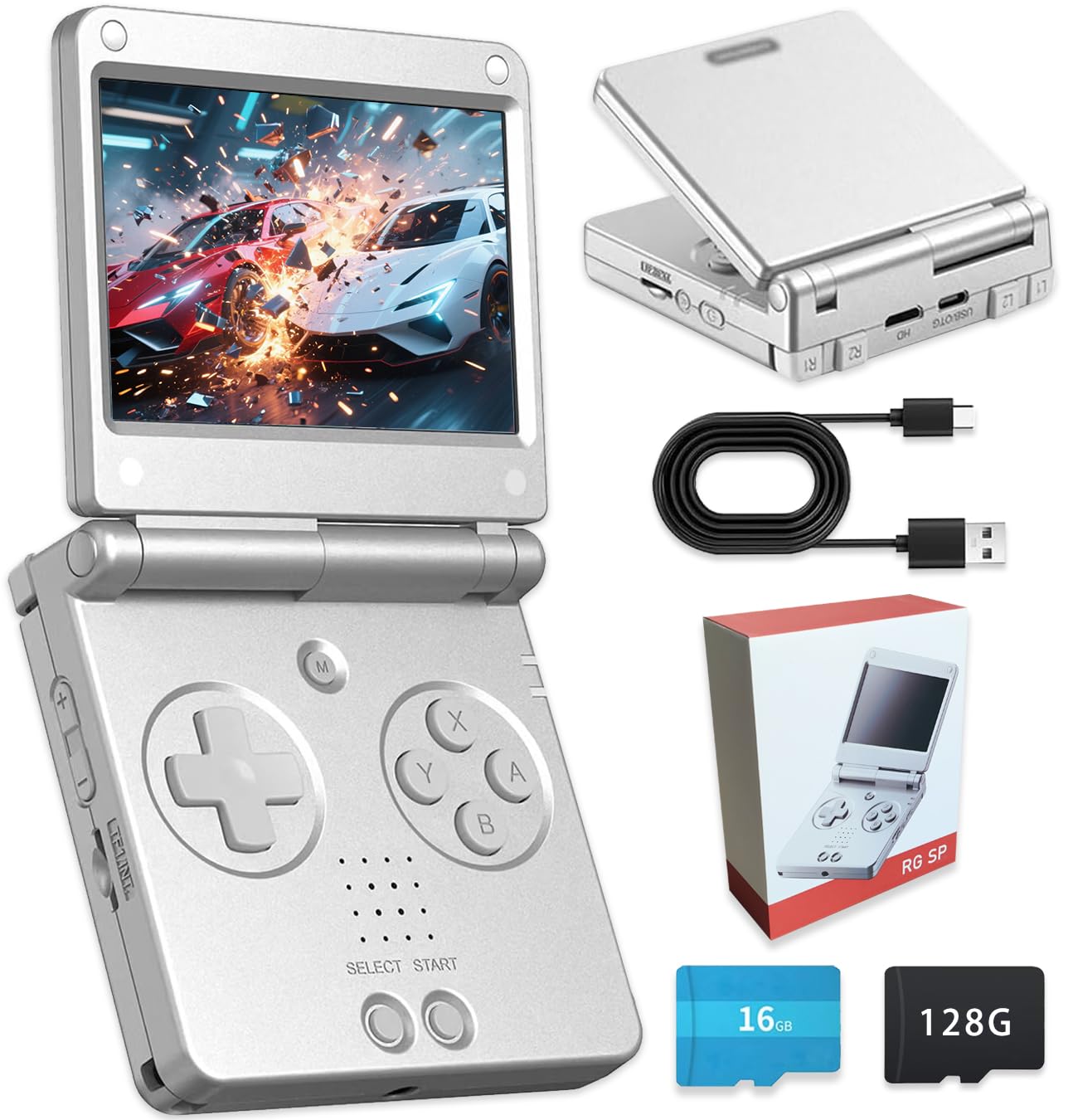 RG SP Flip Retro Console di gioco portatile, 3,4 '' IPS console di gioco portatile Linux 16 GB + 128 G SD, supporta 5G WiFi Bluetooth HDMI 30+ simulatori 3300 mAh multiplayer, argento