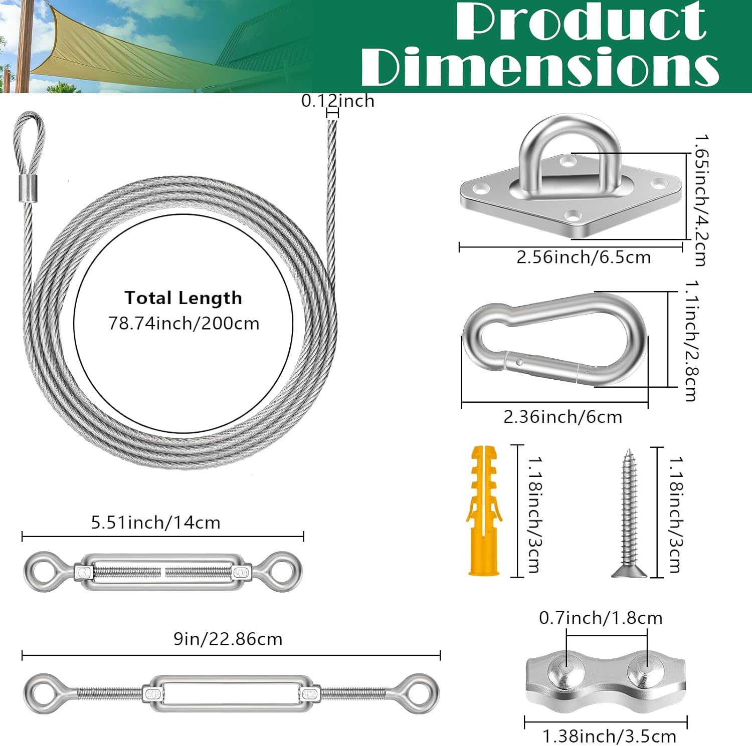 Lomoky 52 Pcs Shade Sail Hardware Kit, 304 Stainless Steel Hardware Accessories Set for Rectangle Triangle Canopy and Outdoor Garden Patio(Including 5.5 Inch Turnbuckle, 78.7 inch Wire Rope)