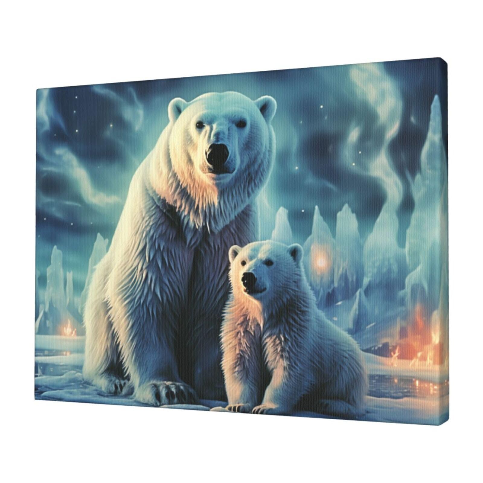 KLOPH Polar Bears Northern Lights Canvas Wall Art for Living Room 12"x16" Modern Artwork Painting for Bathroom Hanging Canvas Prints Aesthetic Wallart for Bedroom Kitchen Office Wall Decor
