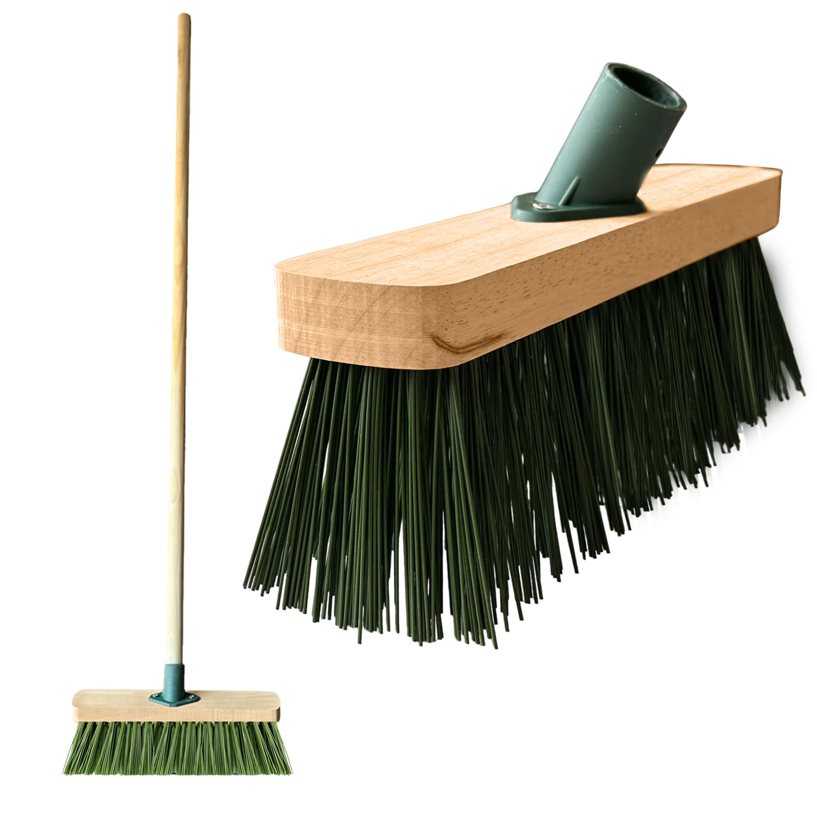 LSC 12” Outdoor Broom Sweeping Brush Heavy Duty PVC Bristles Yard Brush with Wooden Handle Garden Brooms for Cleaning Patio Yards Warehouse and Garage (GREEN)
