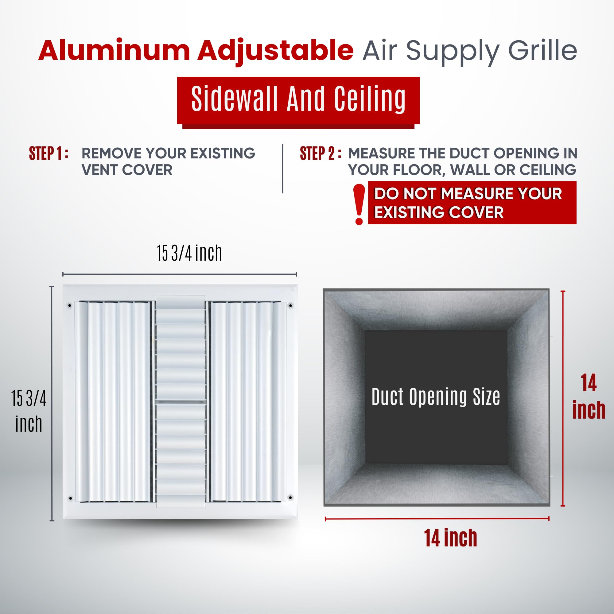 Handua Adjustable Air Supply Grille For 14x8 Duct Opening - Steel Vent Cover, White (15.75x9.75 Inch) - View #12