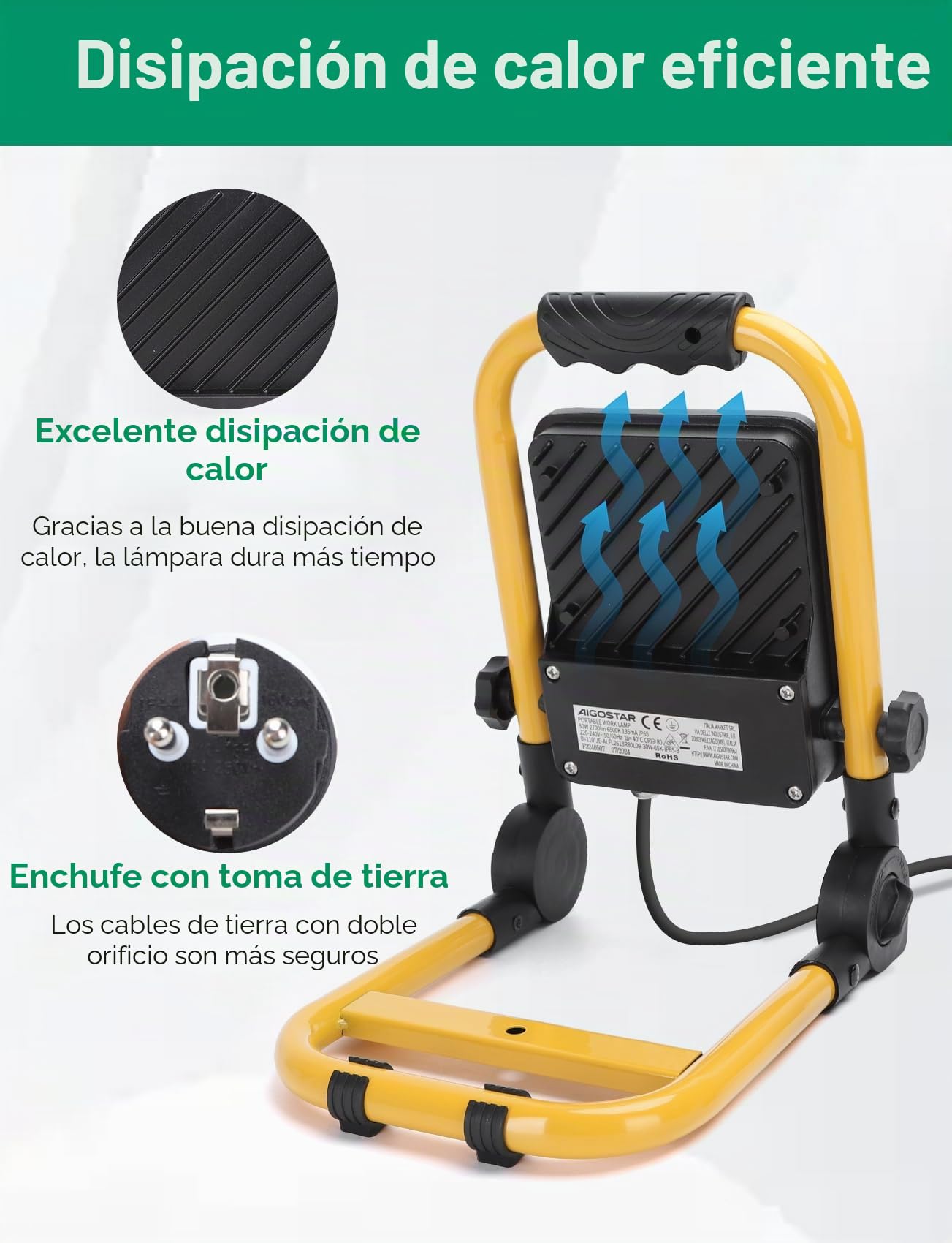 Aigostar Foco de Trabajo LED 30W 2700LM Foco LED Portátil con Enchufe, IP65 Impermeable Soporte plegable, para Uso en Interiores y Exteriores, para Obra, Taller, Garaje,6500K, 4 pcs（Sin soporte）