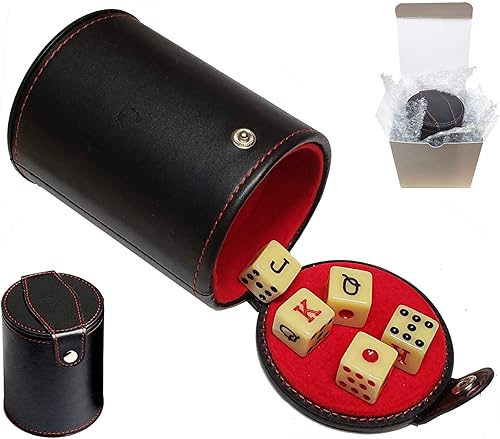 Miniatura 23 de Juego de dados con compartimento de almacenamiento, piel sintética negra, forro de fieltro rojo + (5) dados de póquer de 0.630 in (caja de regalo)