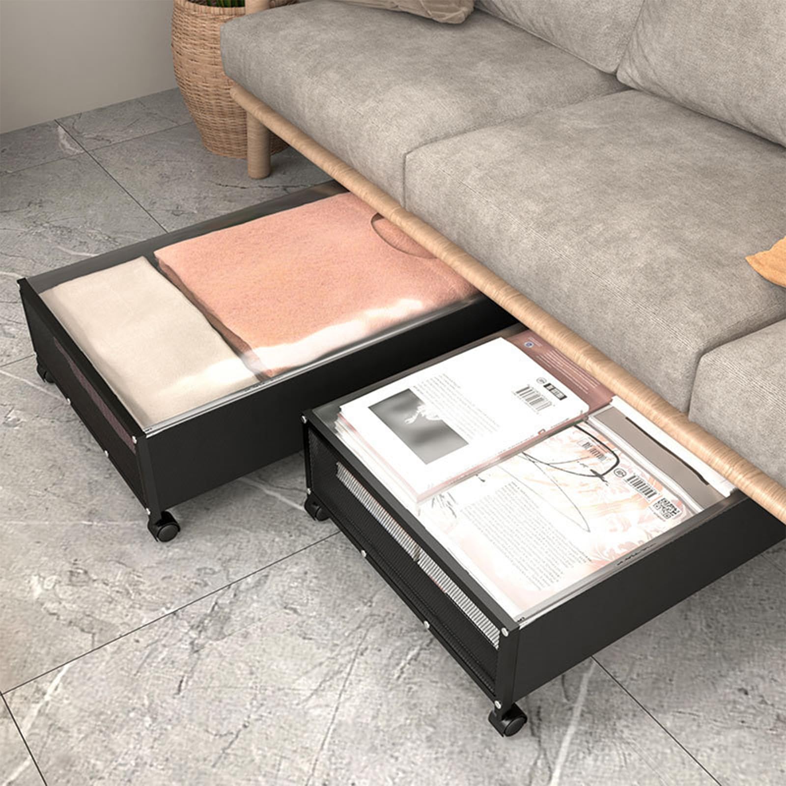 2 contenitori sotto il letto con ruote e coperchio, telaio in metallo, pieghevole, per vestiti, scarpe, coperte, biancheria da letto