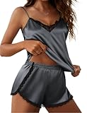 Satin Pajama Set for Women 2 Piece Silky Lingerie Sleepwear Lace Camisole Pj Shorts Set Soft Nightwear S-XXL