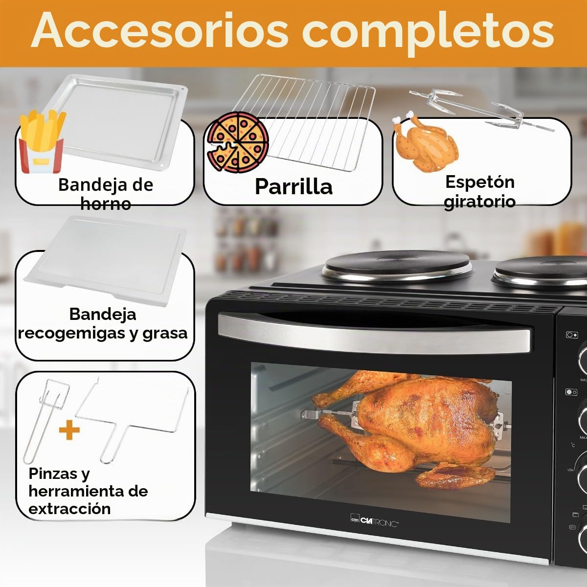 Clatronic® Minihorno con placas y asador giratorio - cocción y horneado simultáneos - 28L convección arriba/abajo calor 100°-230°C, minihorno eléctrico 3100 Watt incl. accesorios - KK 3786