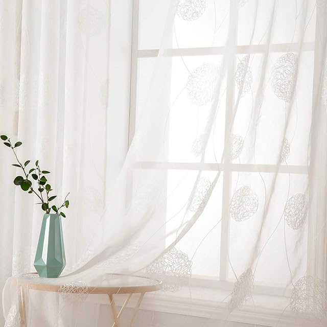 MIULEE Embroidery Sheer Curtains Decoration Flora Design Grommet Window Curtain Semi Voile Drapes with Eyelets Window Treatments for Living Room Bedroom 2 Panels 55" W x 96" L White