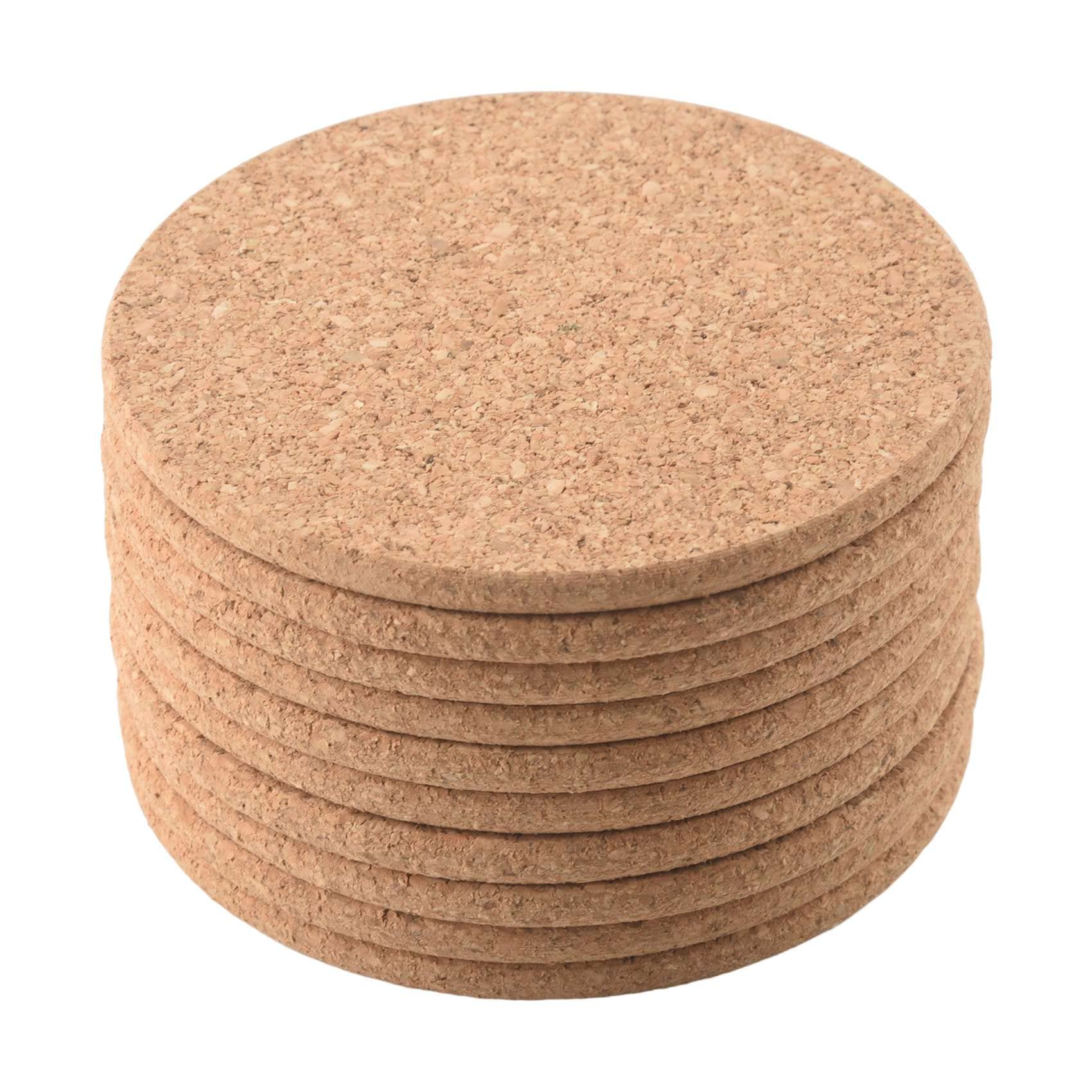 qimoi Set of 10 Cork Bar Drink Coasters - Absorbent and Reusable - 90mm, 5mm Thick
