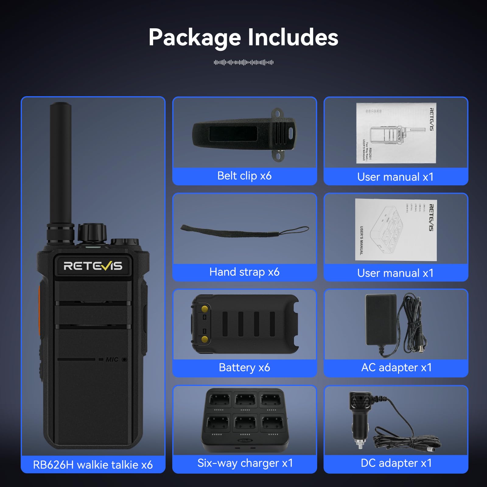 Retevis RB626H Walkie Talkie Lungo Raggio, Ricetrasmittenti Professionali Caricatore a 6 Vie 2000mAh, con Schermo, VOX, llarme di Emergenza Walkie Talkie Portatile per Sicurezza,Scuola(Nero,6 Pezzi)