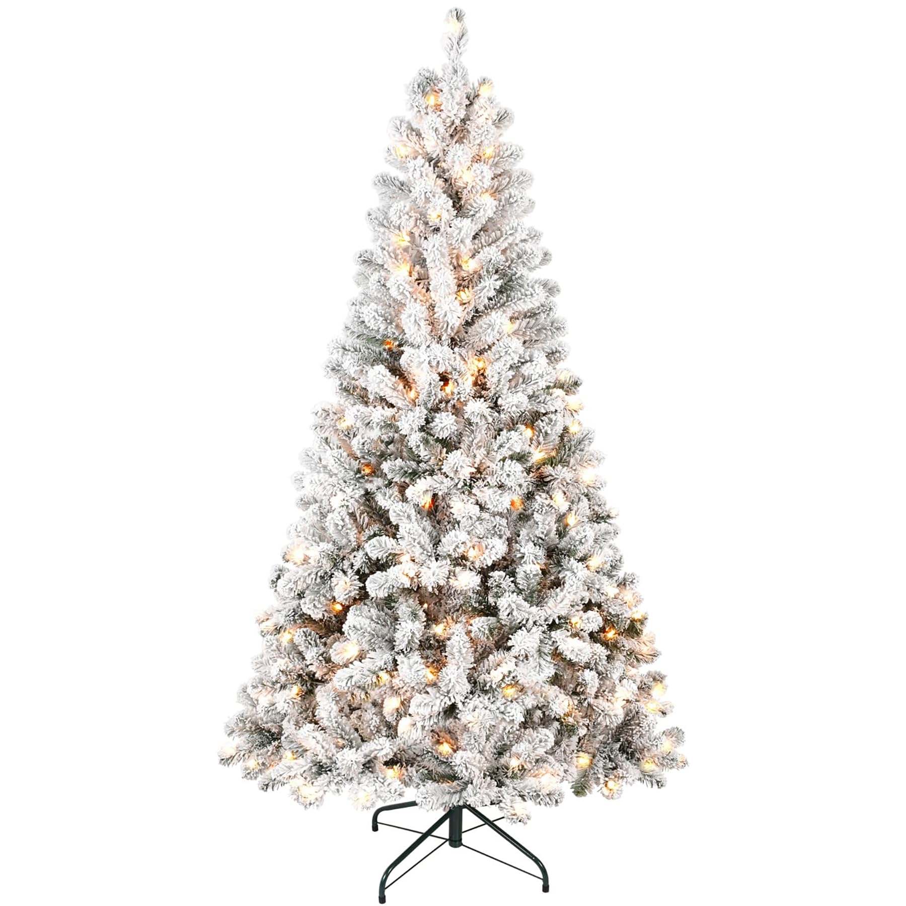 5ft Snow Flocked Christmas Tree, Pre-lit Artificial Holiday Christmas Tree with 150 Lights, Indoor & Outdoor Christmas Tree with 407 Branch Tips, Metal Stand