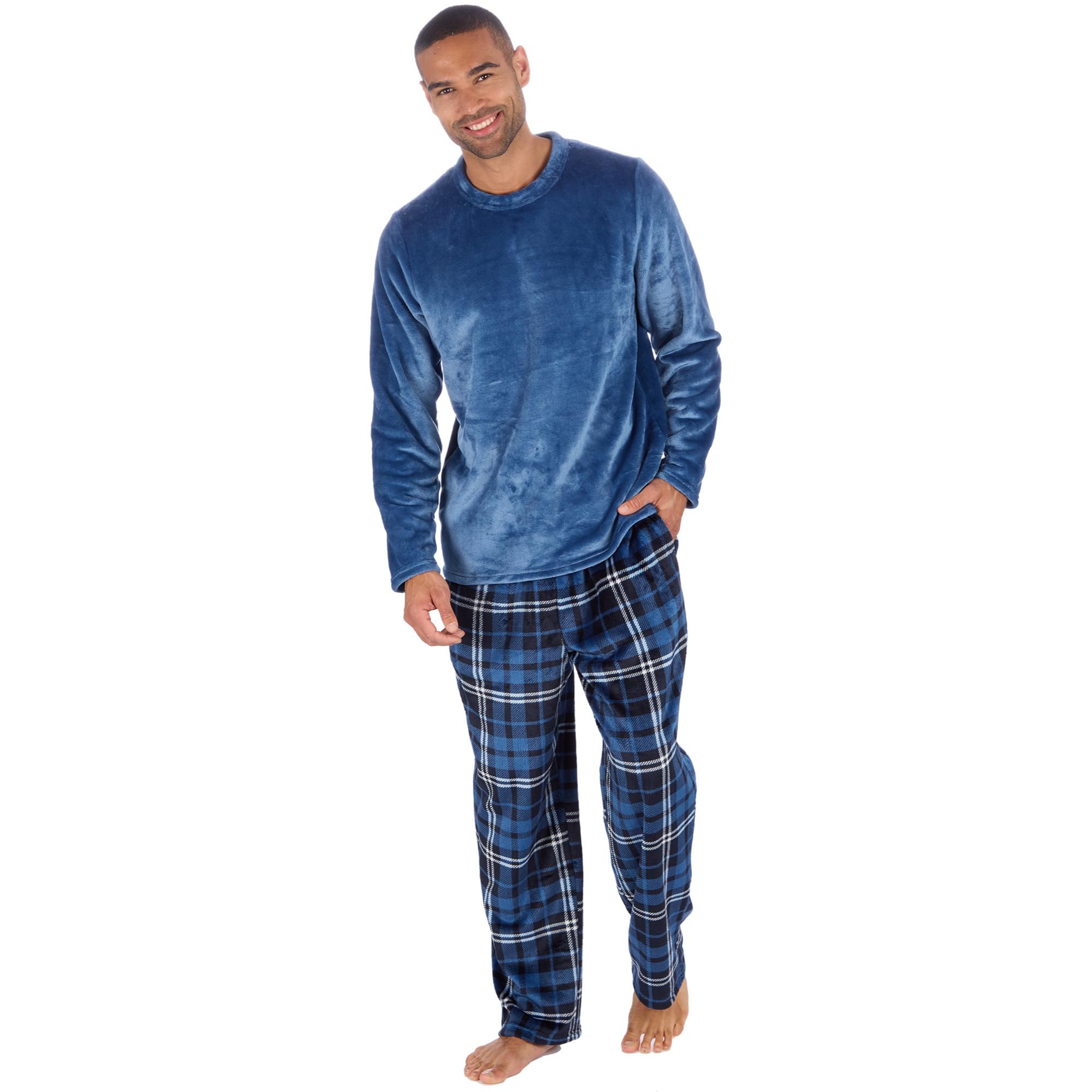Metzuyan Mens Flannel Fleece Lounge Set Checked Pyjama Set Full Length Top and Bottoms Twoise Denim Check Size Large