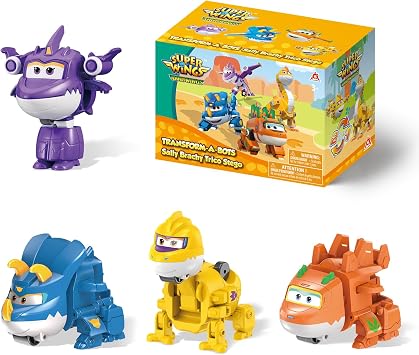 Super Wings 2" Transform-a-Bots 4-Pack, Supercharged Sally, Stego, Trico, Brachy, Airplane Toys Vehicle Mini Figures, Fun Toys for Kids, Transformable Toy for 3 4 5 Year Old Boys and Girls