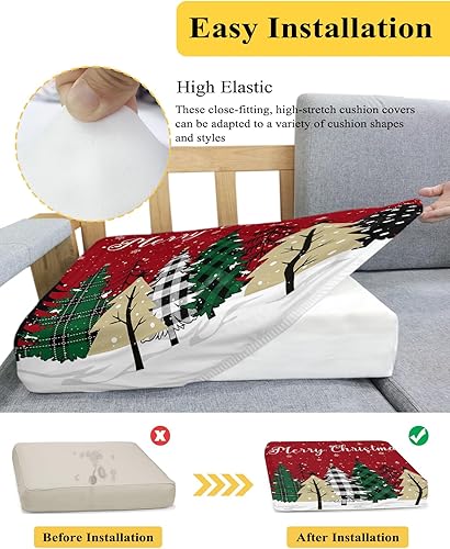 Miniatura 5 de Fundas de cojín para sofá de árbol de Navidad, lavables, diseño de copos de nieve rojos, color verde entramado, extraíble, elástico, para sofá en
