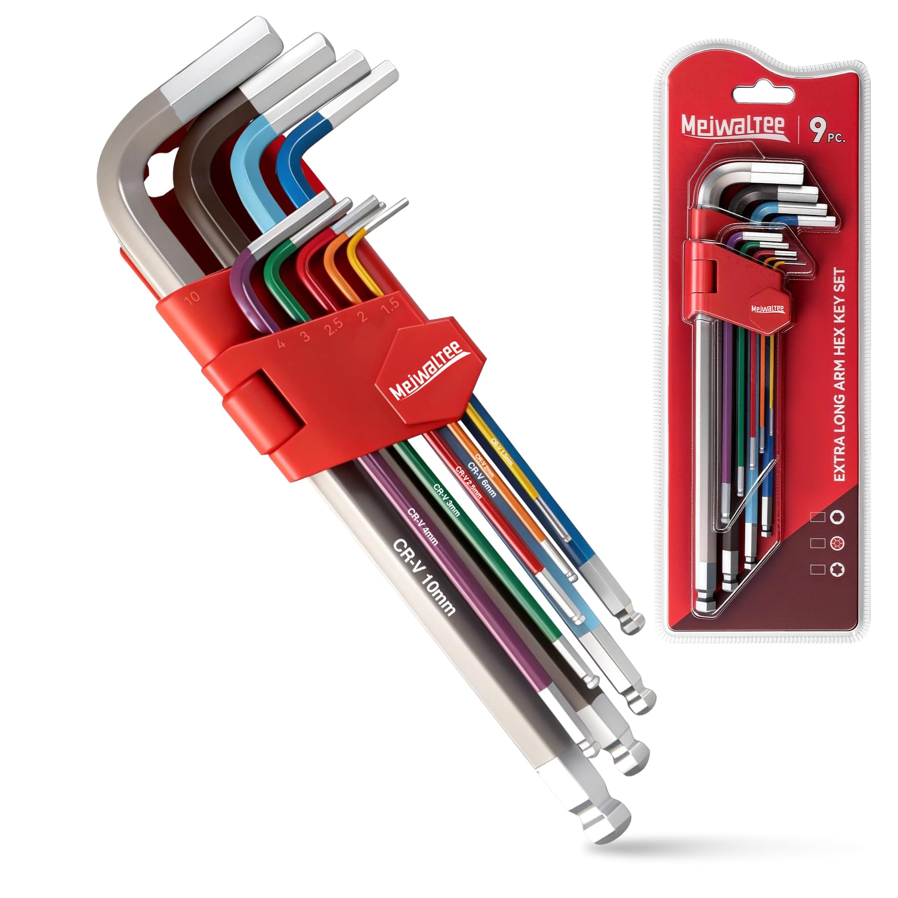 9 Piezas Profesional Brazo Extralargo Juego de Llaves Hexagonales , Métricas Llaves Hex con Extremo en Forma de Bola 1,5 a 10 MM Para Autos y Bicicletas Bricolaje-Acero Cr-V.
