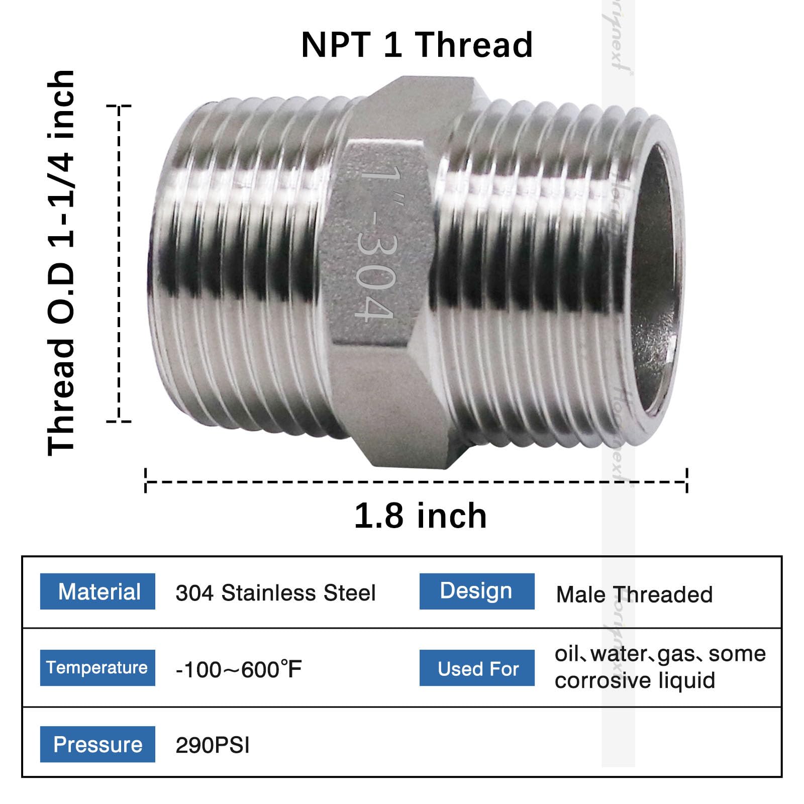 Horiznext NPT 1 Stainless Nipple, 304 SS Hex Nipple, NPT Male Pipe