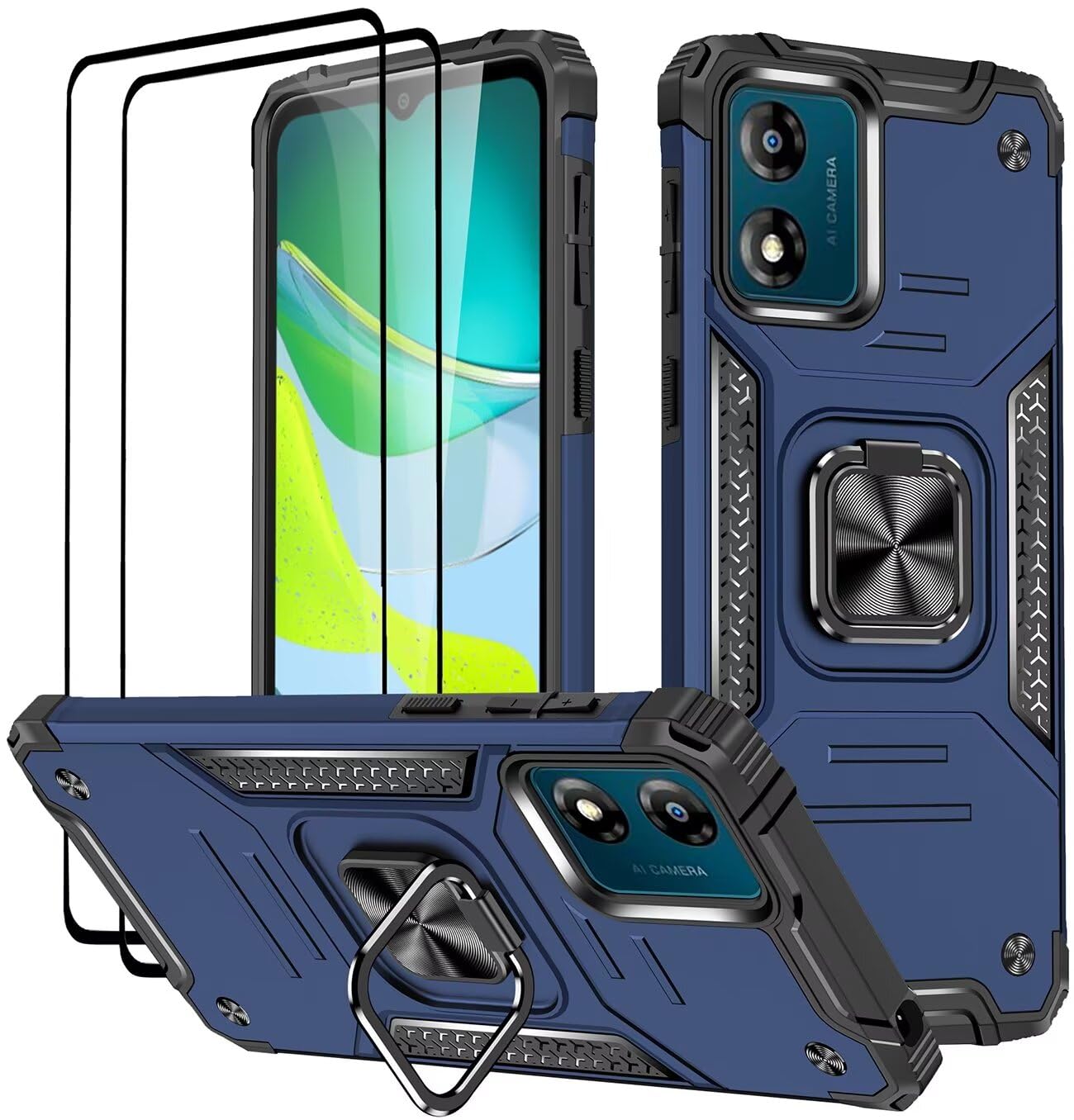 Custodia Per Motorola Moto E13 4G Con Protezione Fotocamera Scorrevole E Anello Supporto | Cover Anti-caduta Nera Con Supporto Magnetico Per Auto
