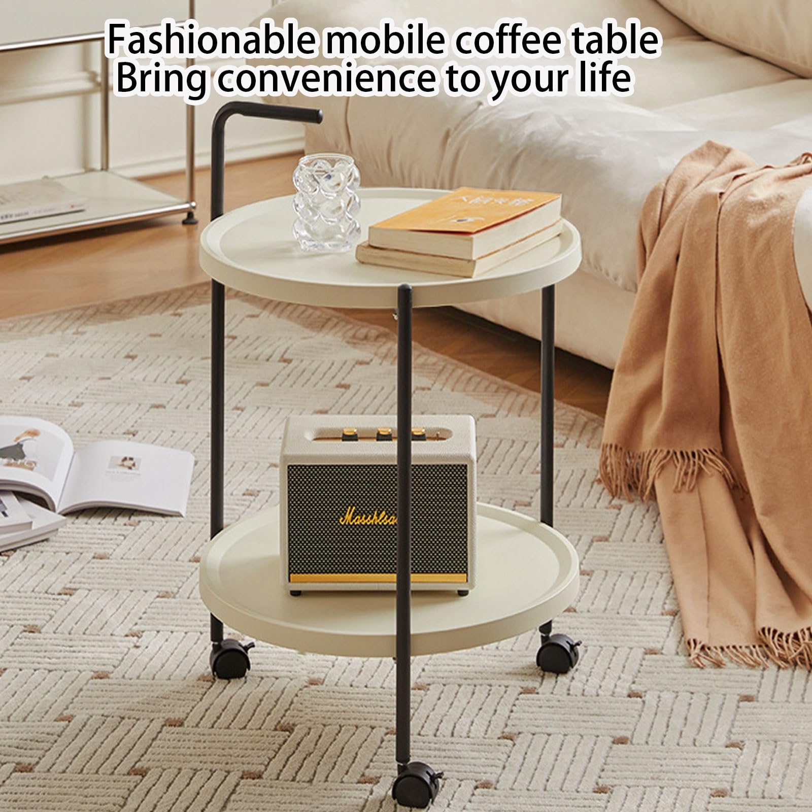 Mesa auxiliar redonda moderna pequeña con ruedas, para sala de estar y dormitorio, mesita de noche, perfecta para decoración del hogar AREBH